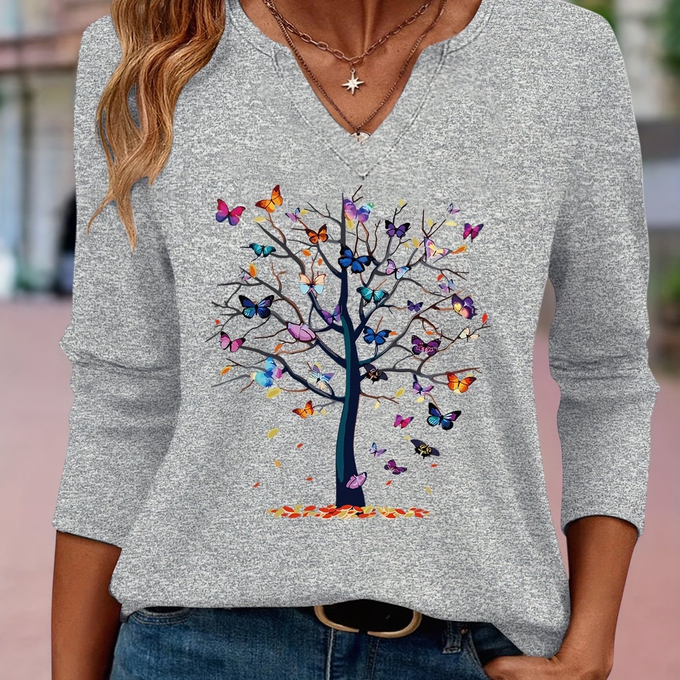 TEMU Tree European And American Women' Simple Comfortable V-neck Three-quarter Sleeve T-shirt