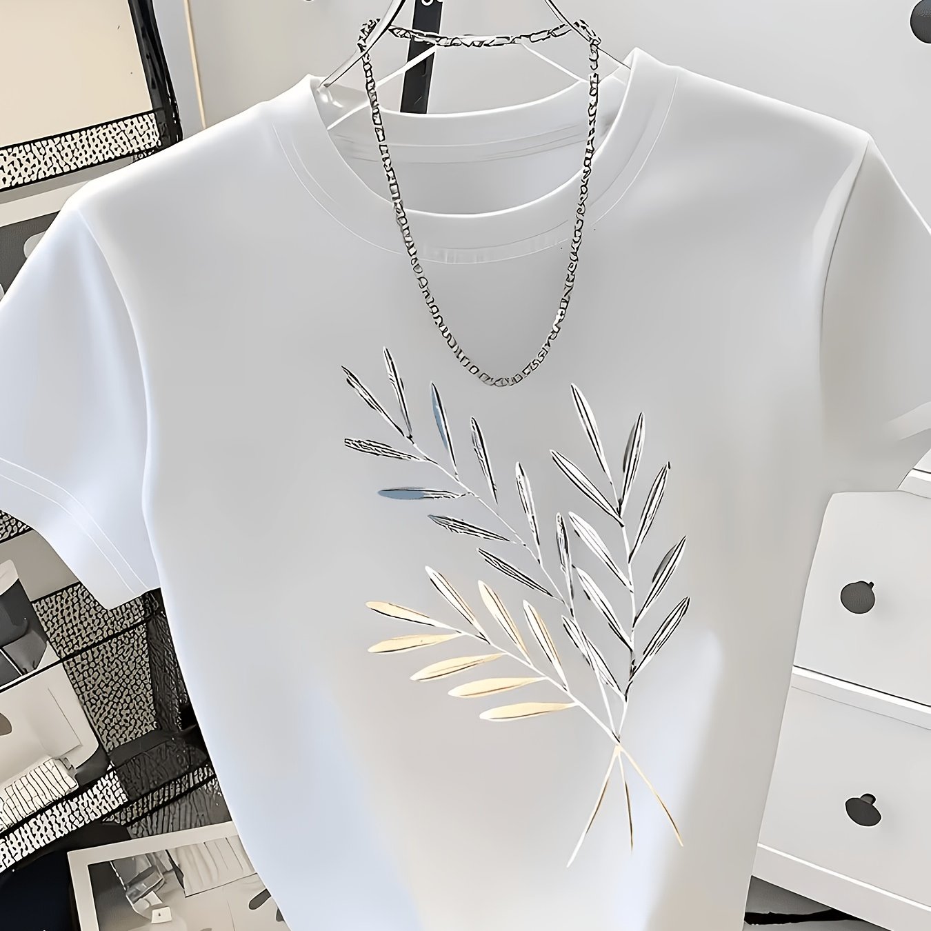 TEMU Metallic Leaf Graphic Print T-shirt For Women, Minimalist Silver Design Short Sleeve Tee, Casual Crew Neck Top, Fashionable Everyday Streetwear