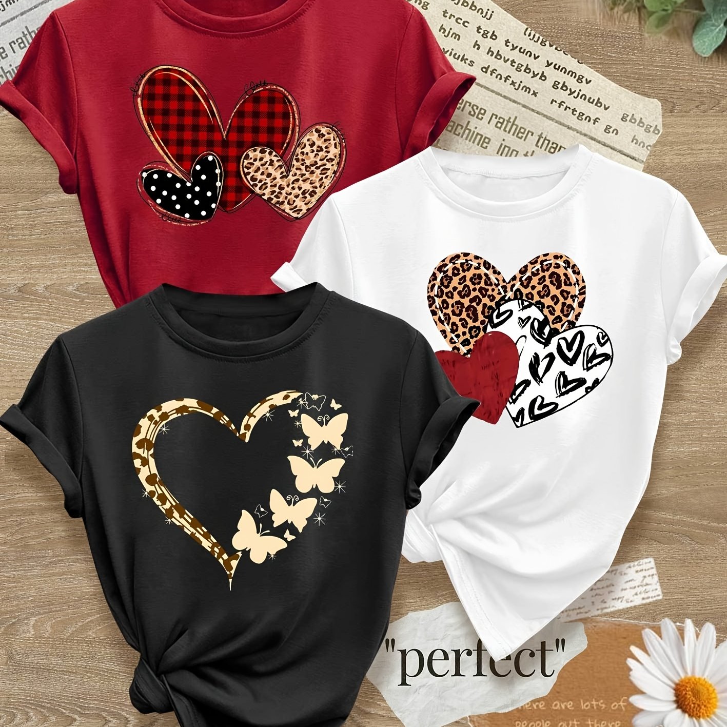 TEMU 3-piece Sister Set, Simple And Clear Line Art Heart Print, Fashionable Vintage Style Women's Spring, Autumn, Summer Casual Sporty Style Round