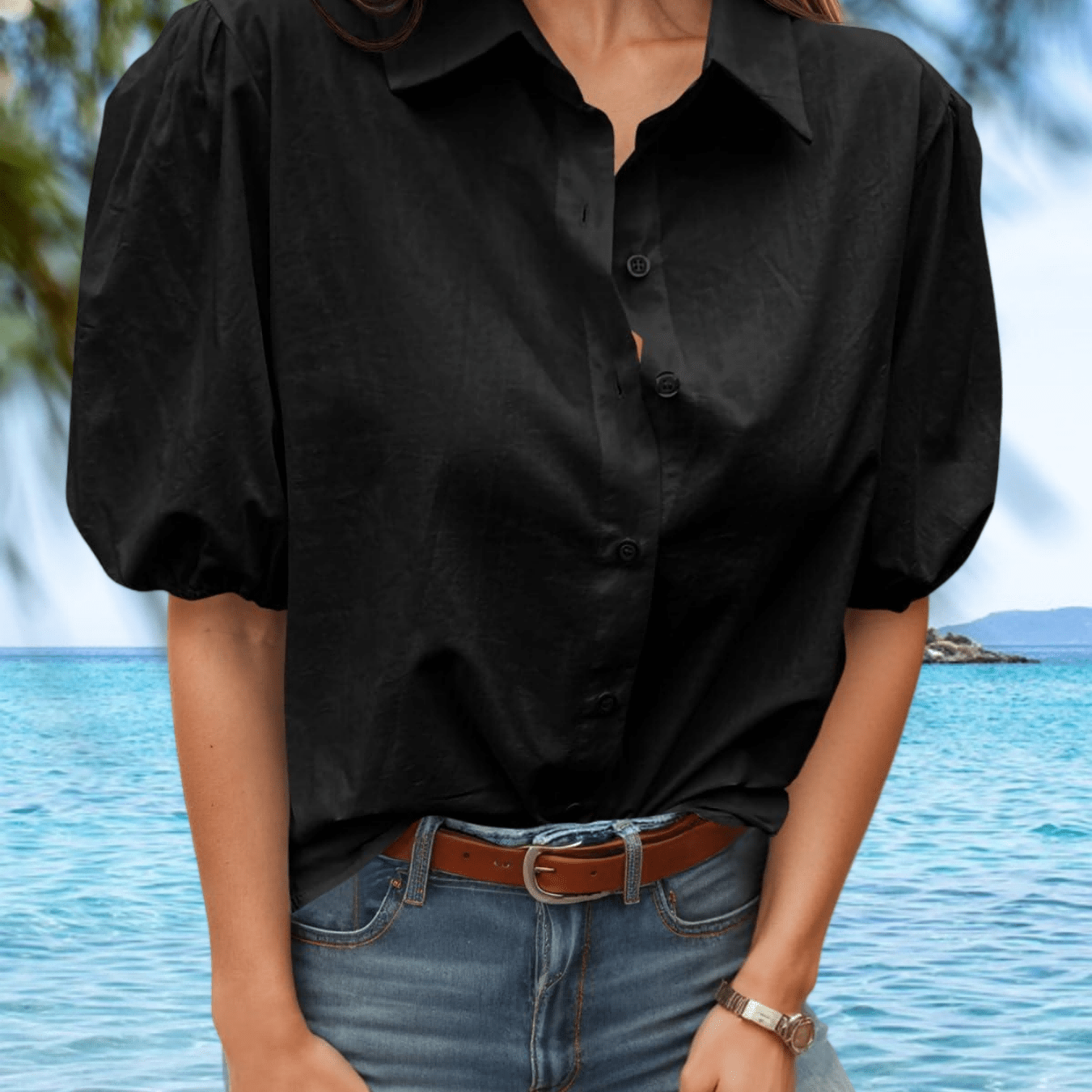 Image of Casual Blouse Tops For Women Featuring Short Puff Sleeves And A Collared Button- Design, Perfect For Summer