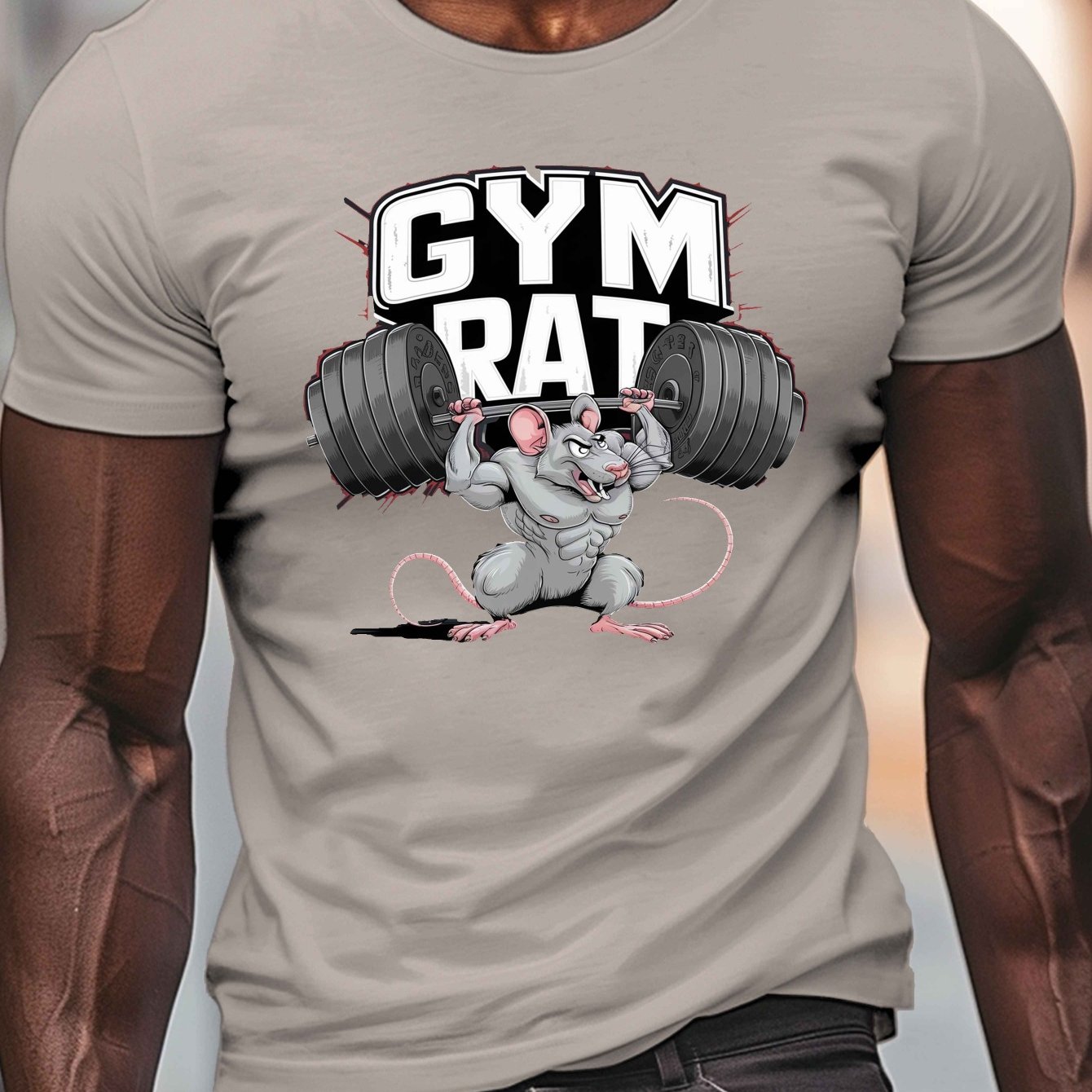 TEMU Barbell Gym Rat Print, Men's Round Crew Neck Short Sleeve Tee, Casual T-shirtcasual Comfy Lightweight Top For Summer