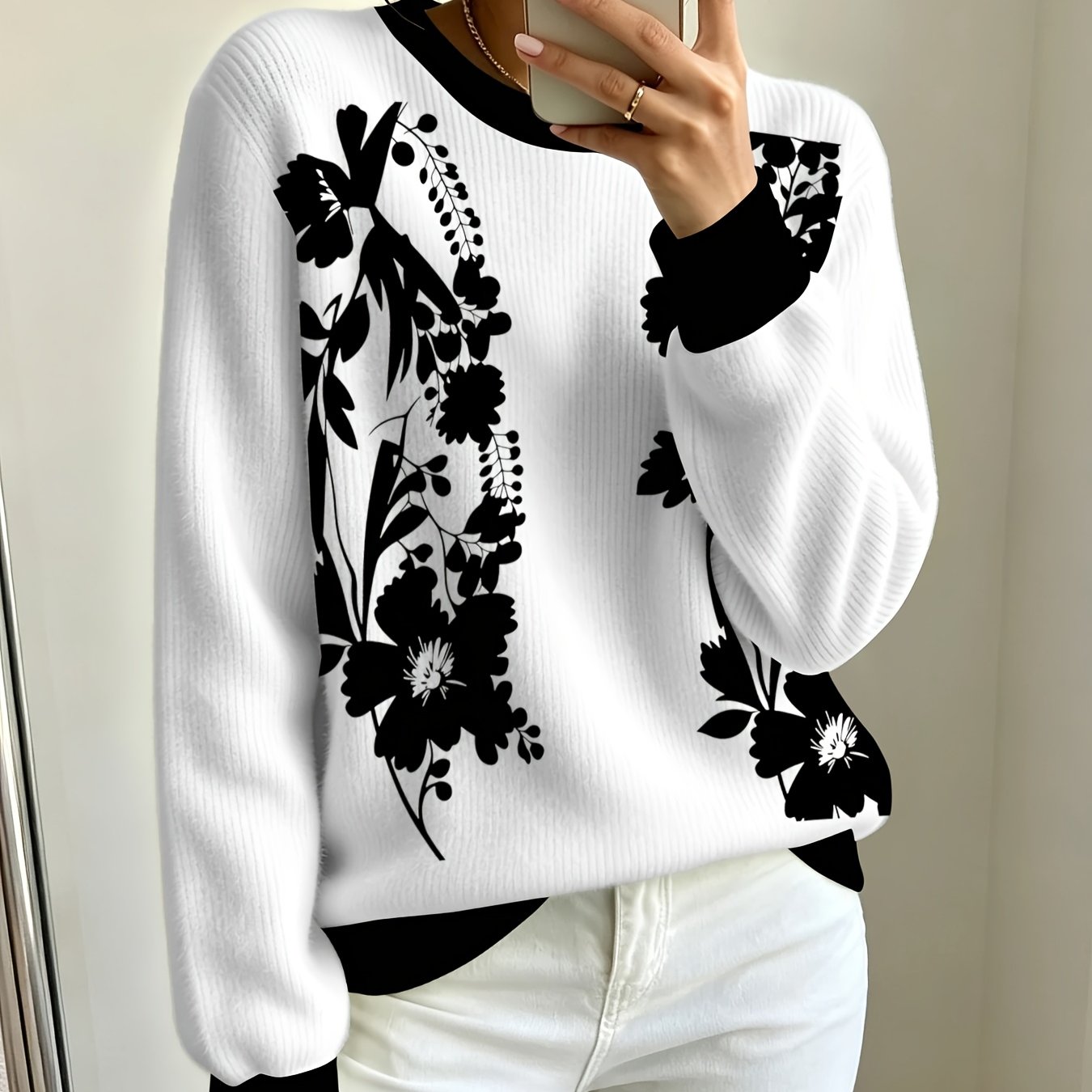 TEMU Women's Black And White Floral Printed Round Neck Sweater Spring And Autumn New Loose Long Sleeves Top -match Daily Elegant Large Size Women's