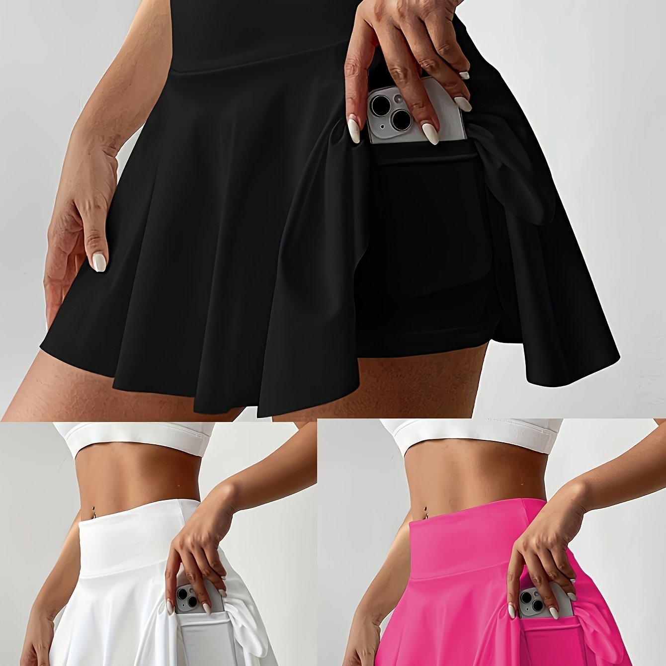 TEMU 3pcs Women's Athletic Pleated Skirts With Pockets- High Waist, Stretchy Polyester Tennis& Yoga Skort, Machine Washable, /gray, Side Tie Detail, Fit , Tennis Skirt