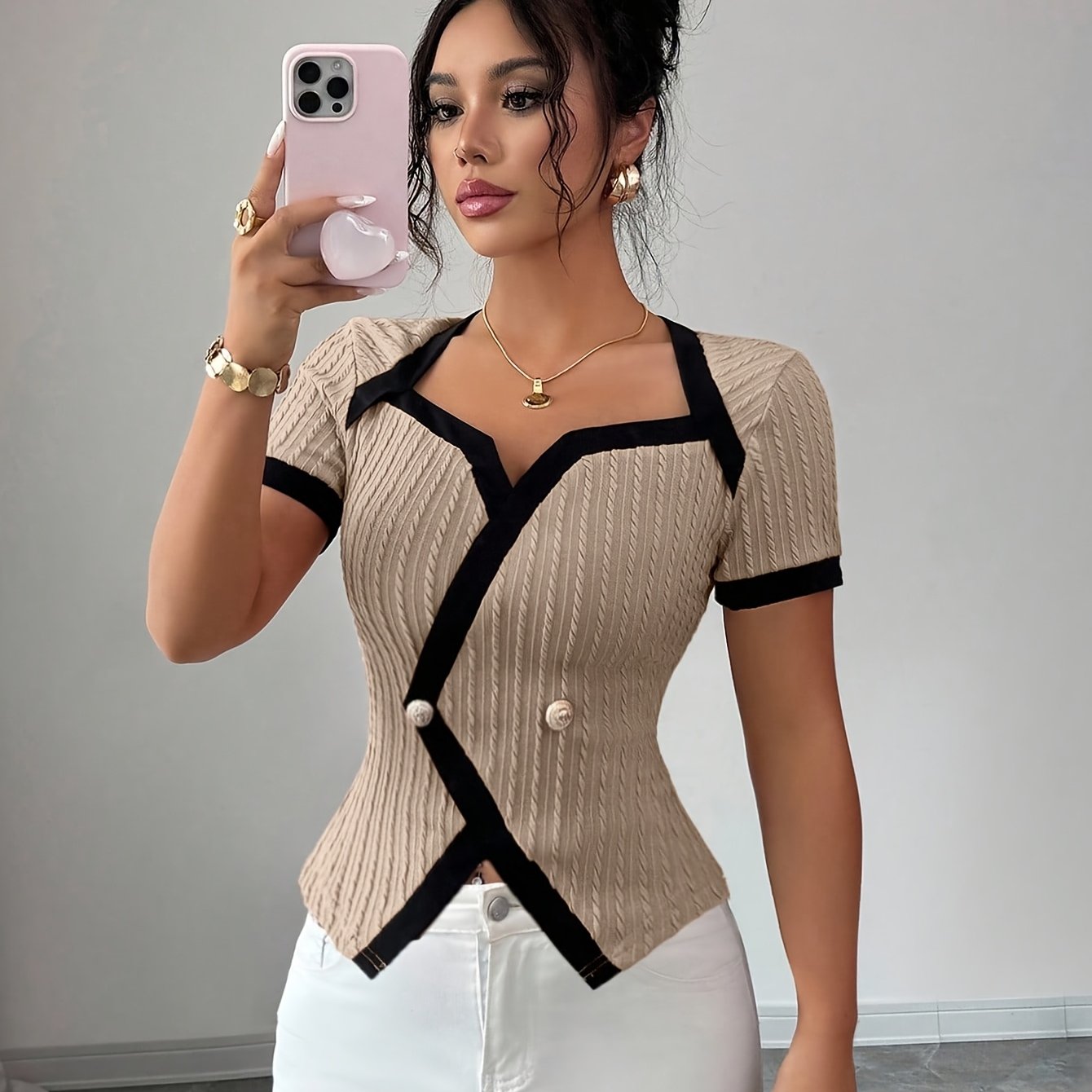TEMU T-shirt da donna elegante asimmetrica a maniche corte con scollo piccolo ritaglio - Top stile camicetta a , elasticit� media adatta per l'uso ,