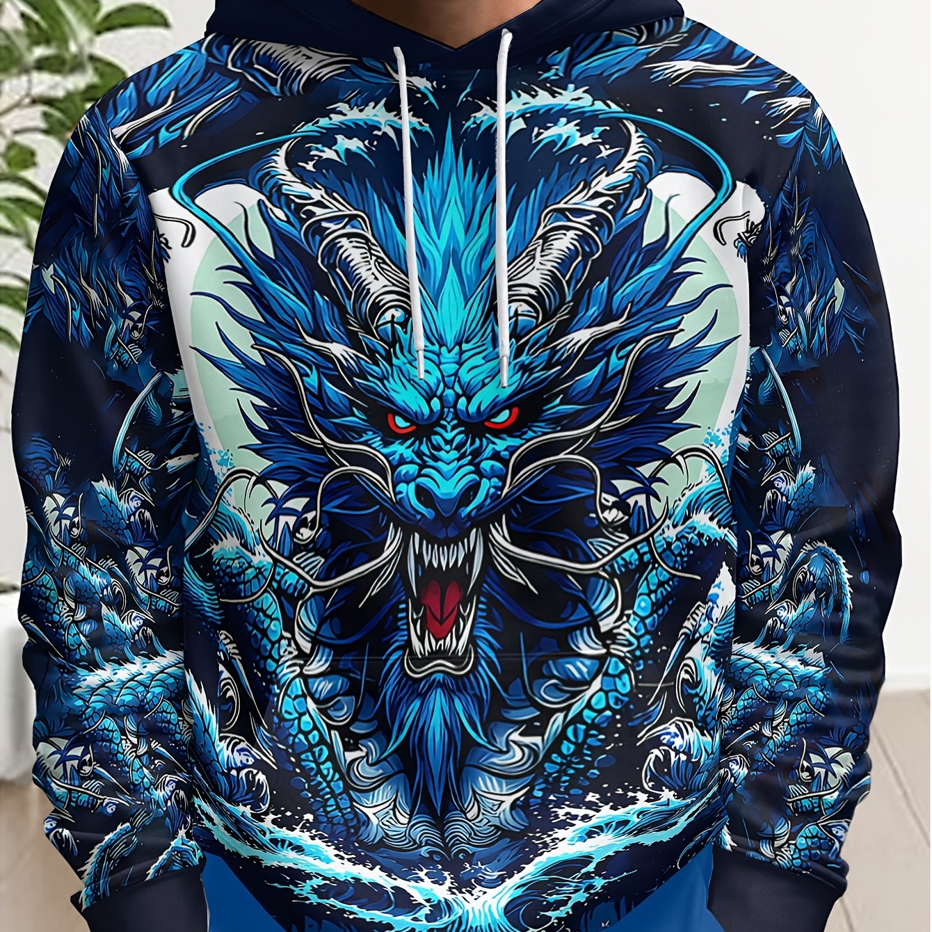 TEMU Fashionable Hooded Sweatshirt, Casual Athletic Hoodie With Angry Blue Dragon Raging And Wings Displaying Power, Clouds And Front Pocket -