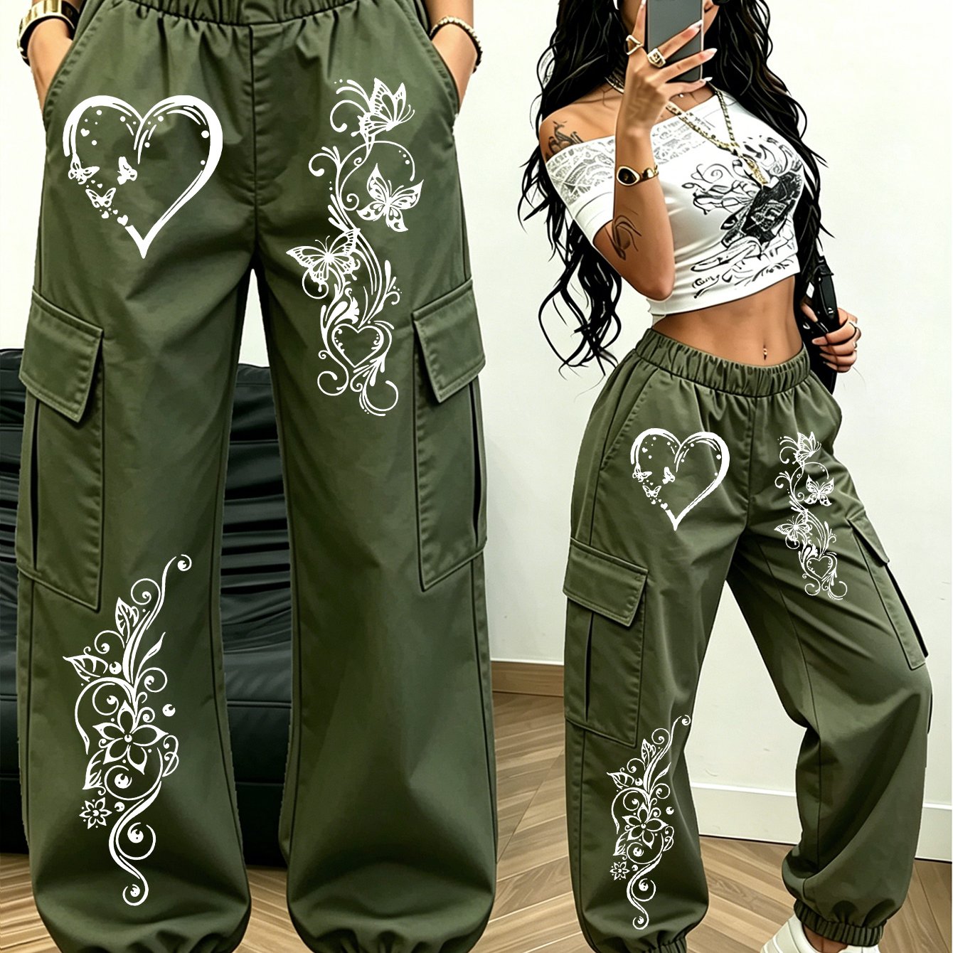 TEMU Women's Long Pants (sold Separately) Cool Heart Floral Vine Print Cargo Pants, Women's Elastic High-waist Loose Ankle-cinching Spicy Casual Long