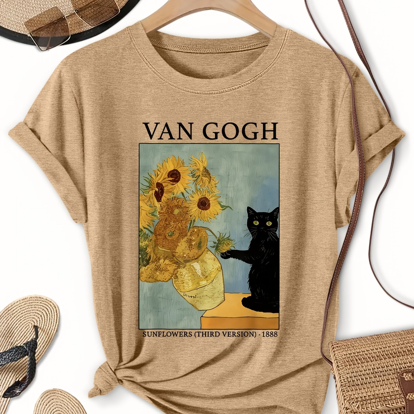 TEMU Women's Summer Clothing Van Gogh Sunflower Cat Print Round Neck Short Sleeve Plus Size T-shirt Style Loose Top 2026 Spring Summer Elegant Casual