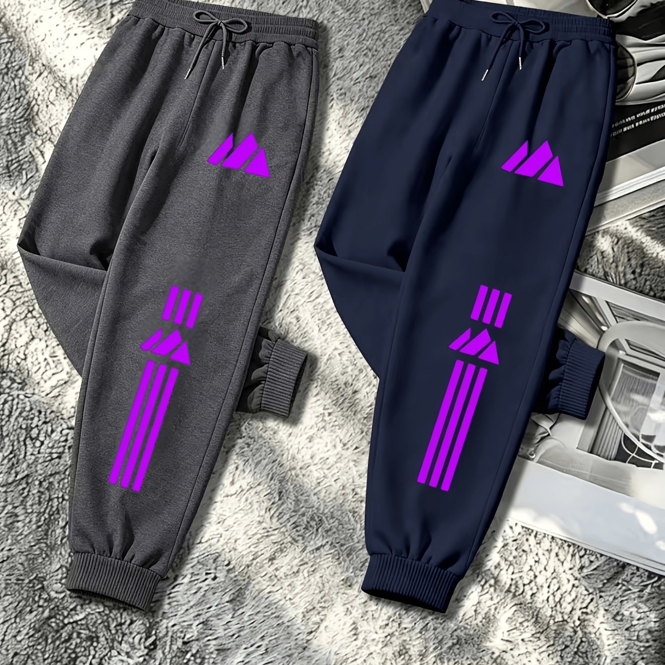 TEMU 2pcs Men's/women's Gray Jogger Pants, Casual Sweatpants With Bright Purple Graphic Print, Elastic Drawstring Waist, Loose Trousers For Gym