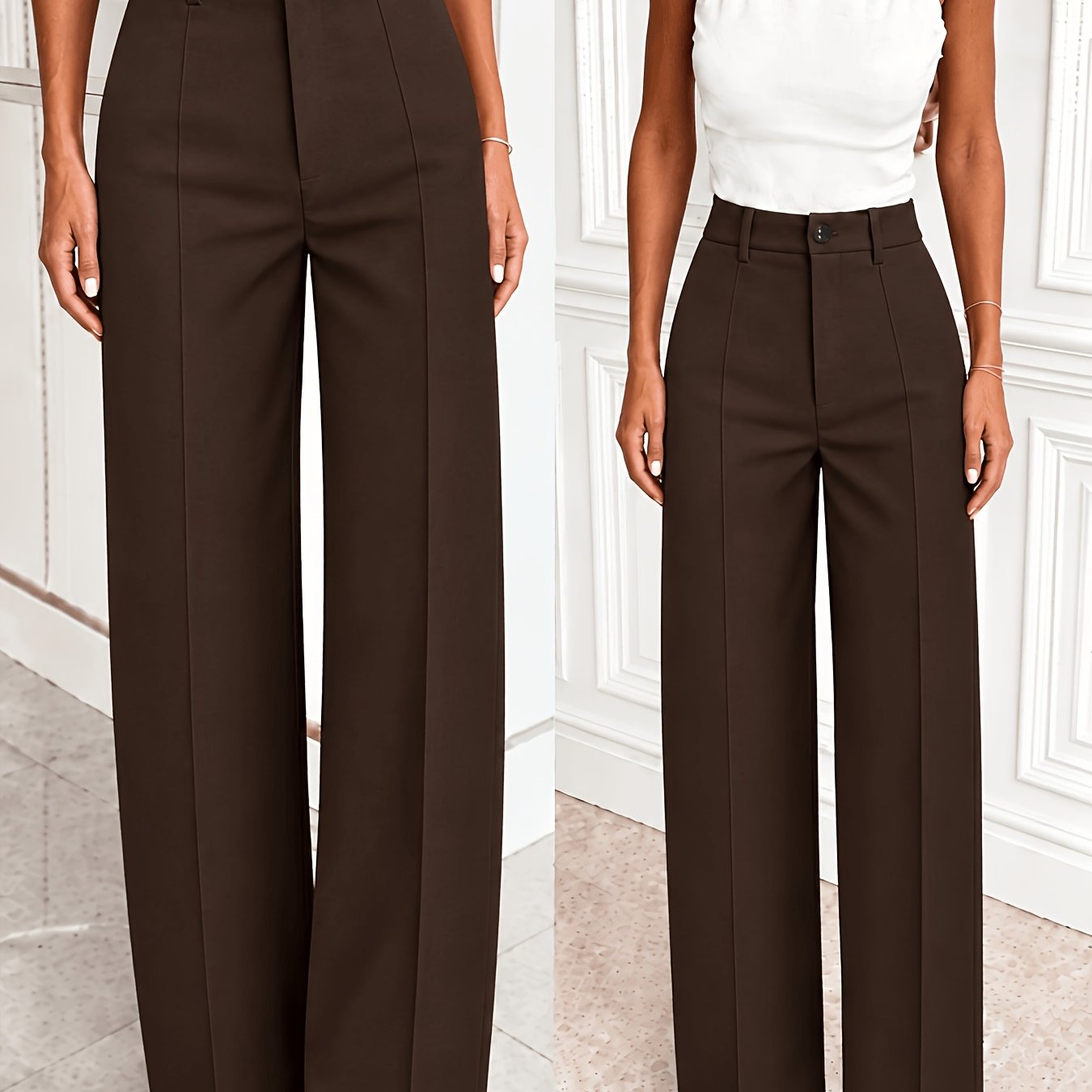 TEMU Pantalon Femme de Couleur Unie à Jambe Droite, Élégant et , Adapté à Diverses Occasions de , Style de , Ceinture Non Incluse