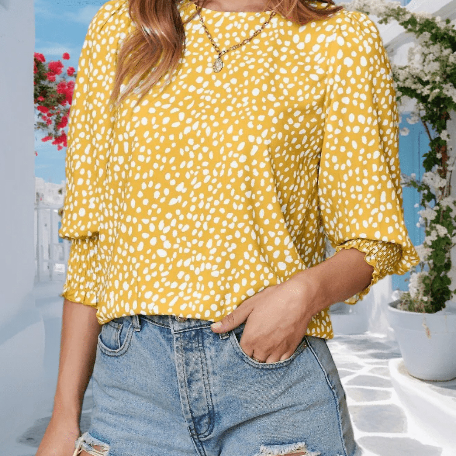Image of Women's Polka Dot 3/4 Sleeve Crew Neck Blouse T-shirt | Casual Office Work Tops, Regular Length, V-neck Style