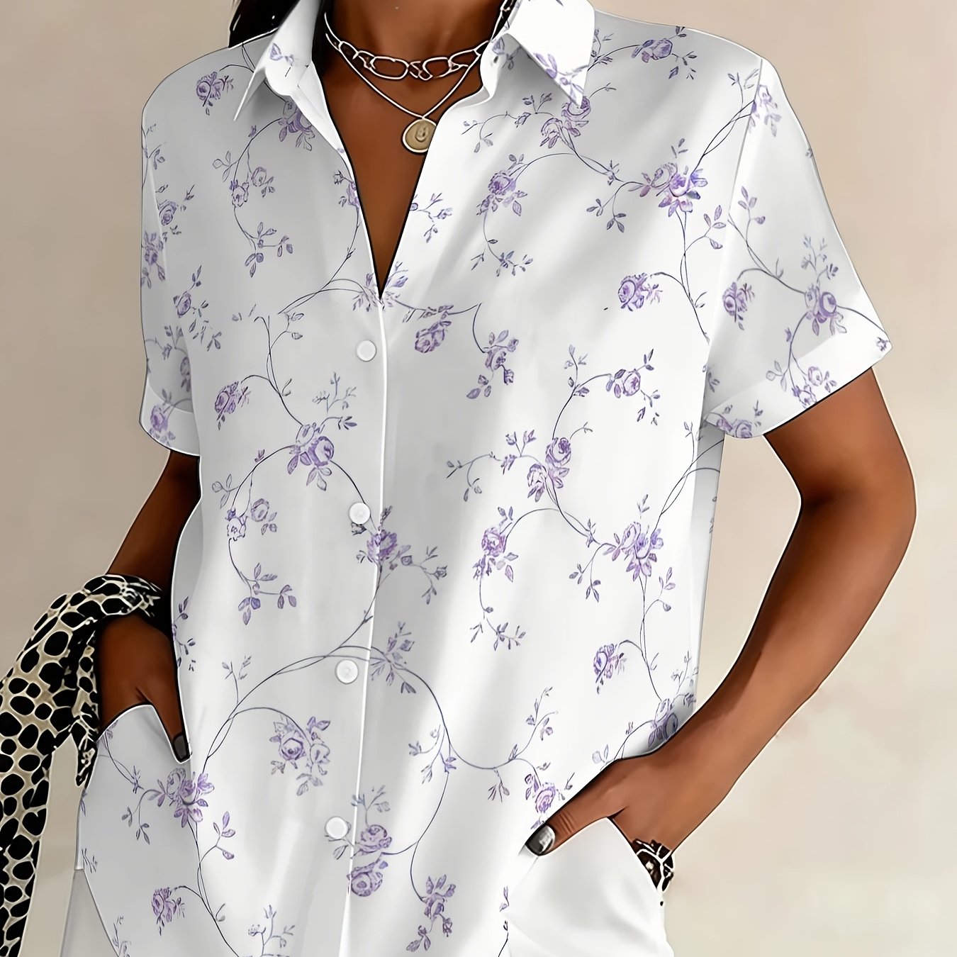 TEMU Plus Size, Women's Casual Personality Short Sleeve Flower Print Plus Size Button-up Shirt Fashion Lapel Cardigan