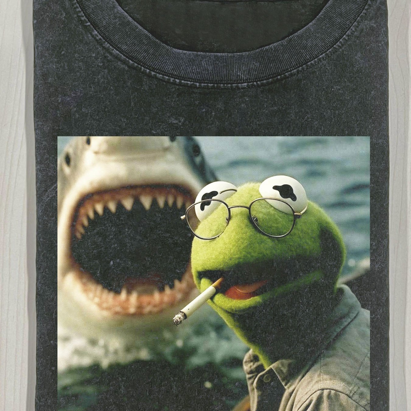 TEMU Men's Vintage Shark & Print T-shirt - 230g Washed Wax Printed Loose Fit Short Sleeve, Round Neck Casual Summer & Wear, Shark & Marine Design,