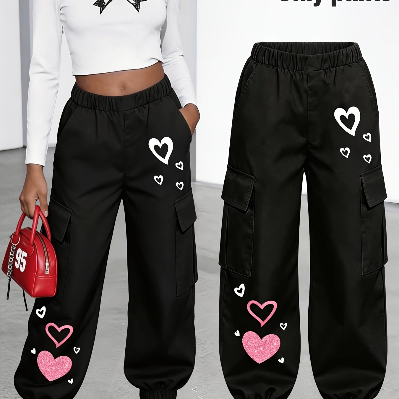 TEMU - Pantalon Cargo pour Femme à l'Unité, Pantalon de Travail et Amusant à Imprimé Cœur avec Plusieurs Poches, Style Pantalon Cargo, Pantalon Long