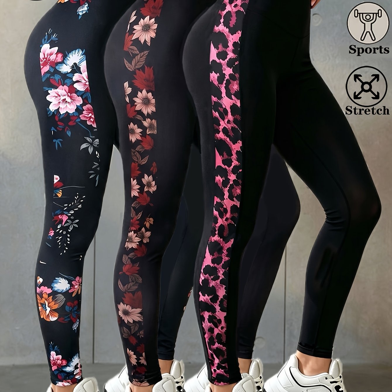 TEMU 3 Pack Spring Autumn Winter Women Floral Leopard Print Leggings On Sides High Elasticity Tight Fitting Fit Curve Sports Strong Sense Of Fashion