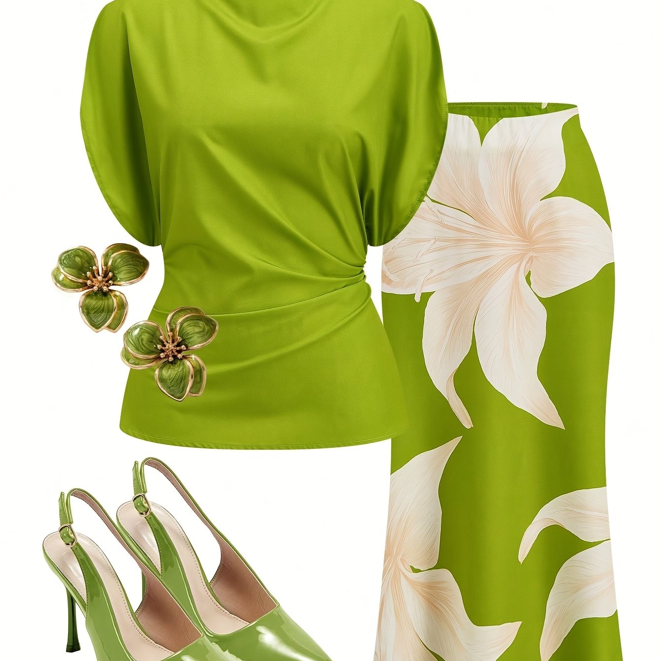 TEMU Bohemian Style Printed Set, Waist-cinching Short Top And High-waist Flared Skirt, Green Floral