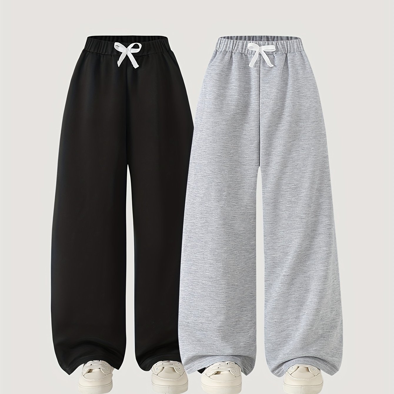 Image of Lightweight Fabric Two-piece Set For Girls, Spring/autumn Wear, Fashion Solid Color Bow Decor Loose-fit Ankle-length Pants, Casual Fall Trousers, Perfect For Outdoor