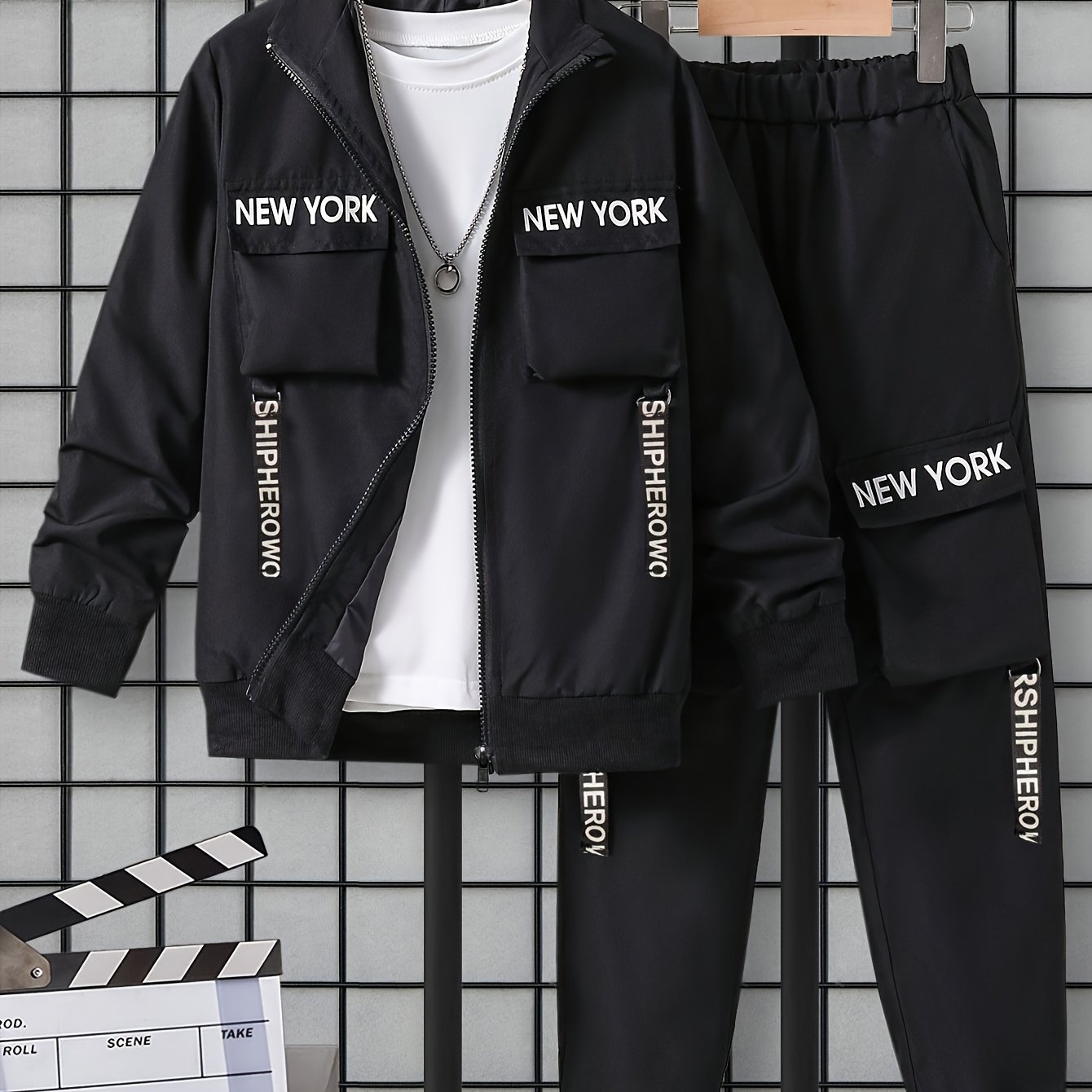 Image of Boys' Spring/autumn Vintage Style Letter Print Zipper Long Sleeve Pocket Jacket Top + Elastic Waist Drawstring Pants 2pcs Set For Daily , Perfect For Outdoor