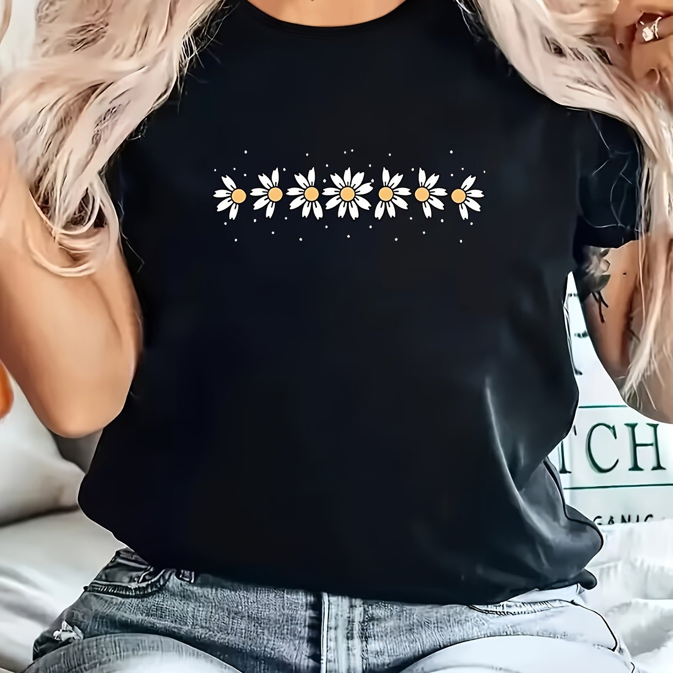 TEMU Daisy Floral Pattern Casual T-shirt, Round Neck Short Sleeves Sports Tee, Women's Comfy Tops Graphic