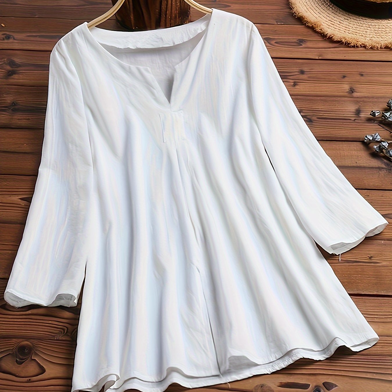 Image of Plus Size, Plus Size Solid Color Casual Loose Long Sleeve Shirt For Women