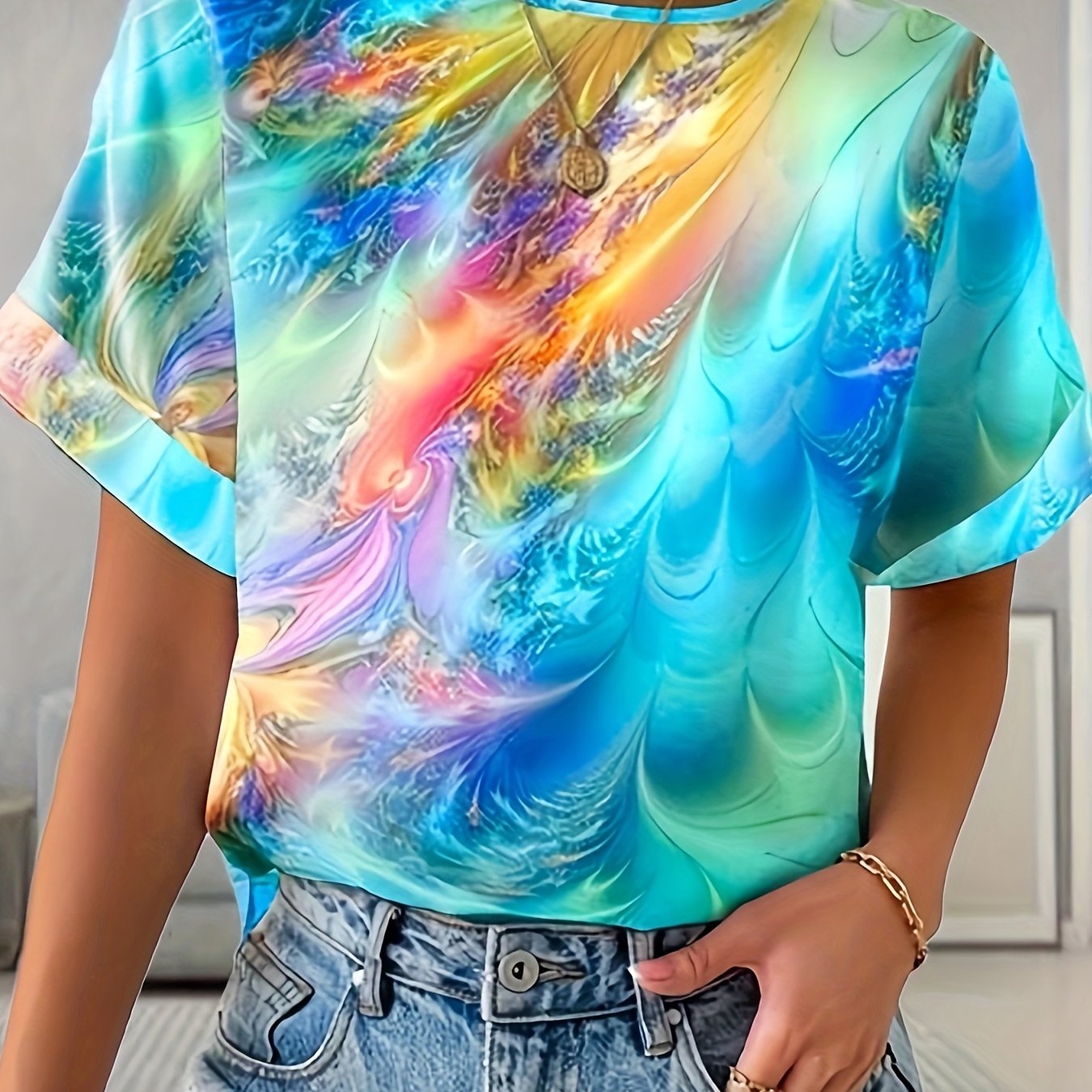 Image of Women's Abstract Color-block Print T-shirt - Vibrant Multicolor Summer Casual Tee, Round Neck Short Sleeve, Machine Washable Resort Style Top, Vacation Clothing, Nontransparent Fabric