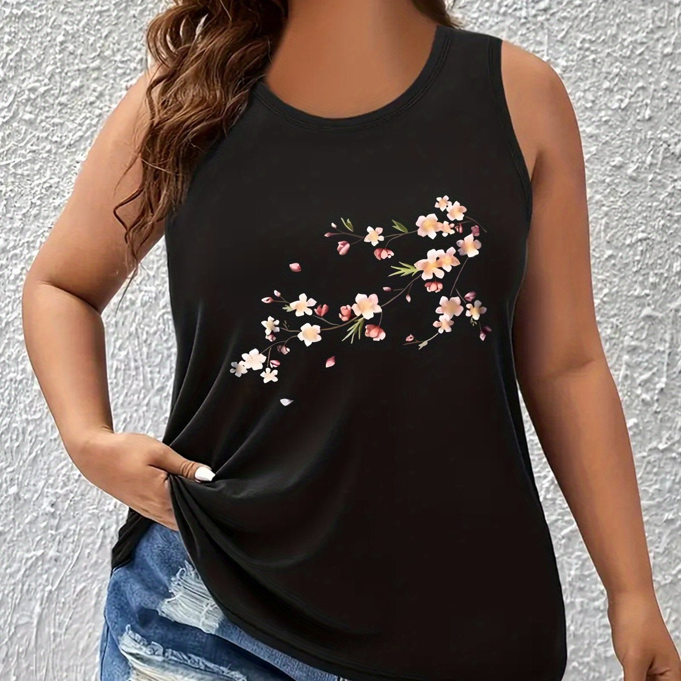TEMU Plus Size - Plus Size - Trendy Plus-size Round-neck Tank Top With A Popular Floral Print