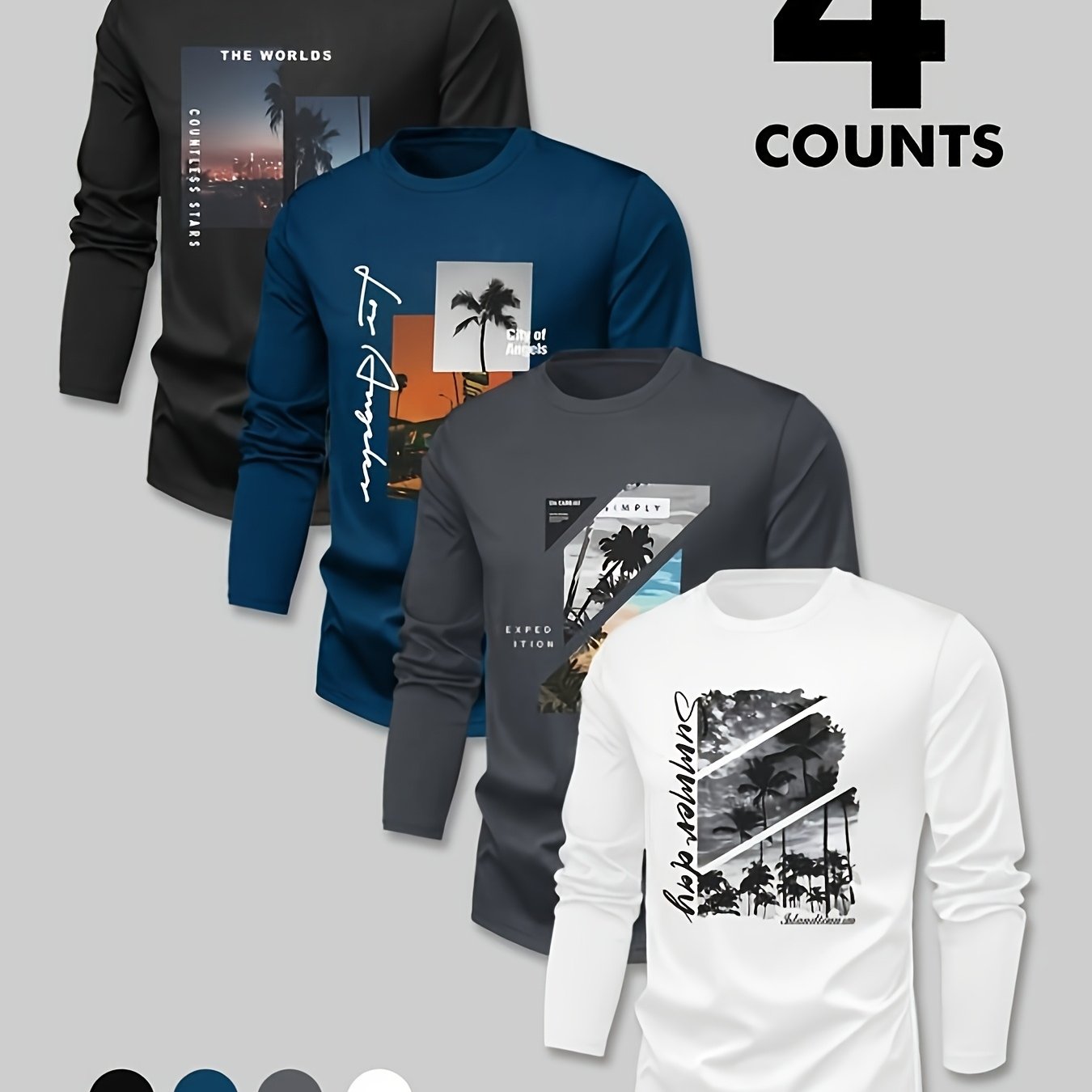 TEMU Men's 4pcs Printed Regular Fit Long Sleeve T-shirts For Spring/autumn, Outdoor Sports & Casual Long Sleeve Tops, Set Of 4