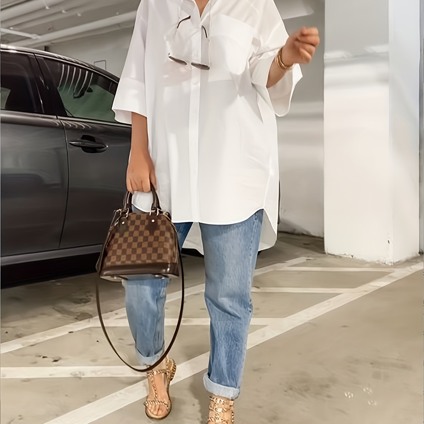 Plus Size - Plus Size - Spring Summer Women's Plus Size Solid Color Button-up Mid-sleeve Asymmetrical Hem Loose Casual Mid-length Shirt