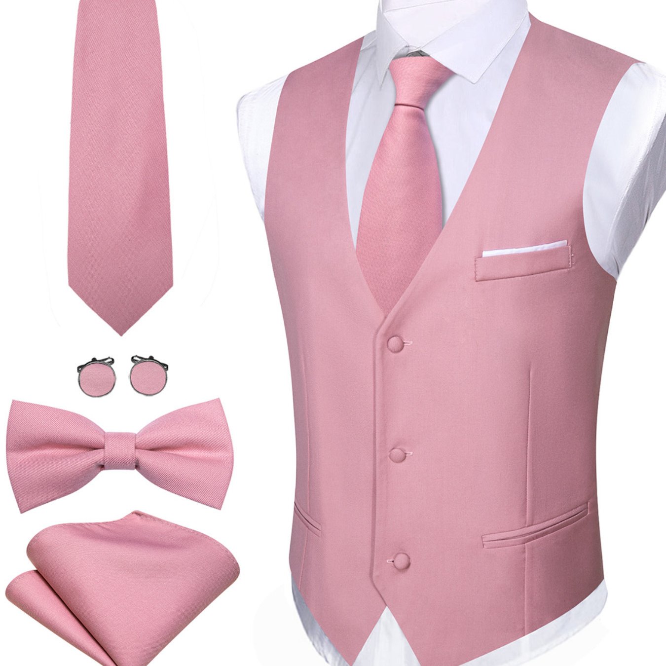 Men's Vest Tie Bowtie Set Woven Formal Waistcoat Hanky Wedding Party 4pcs, Plus Size