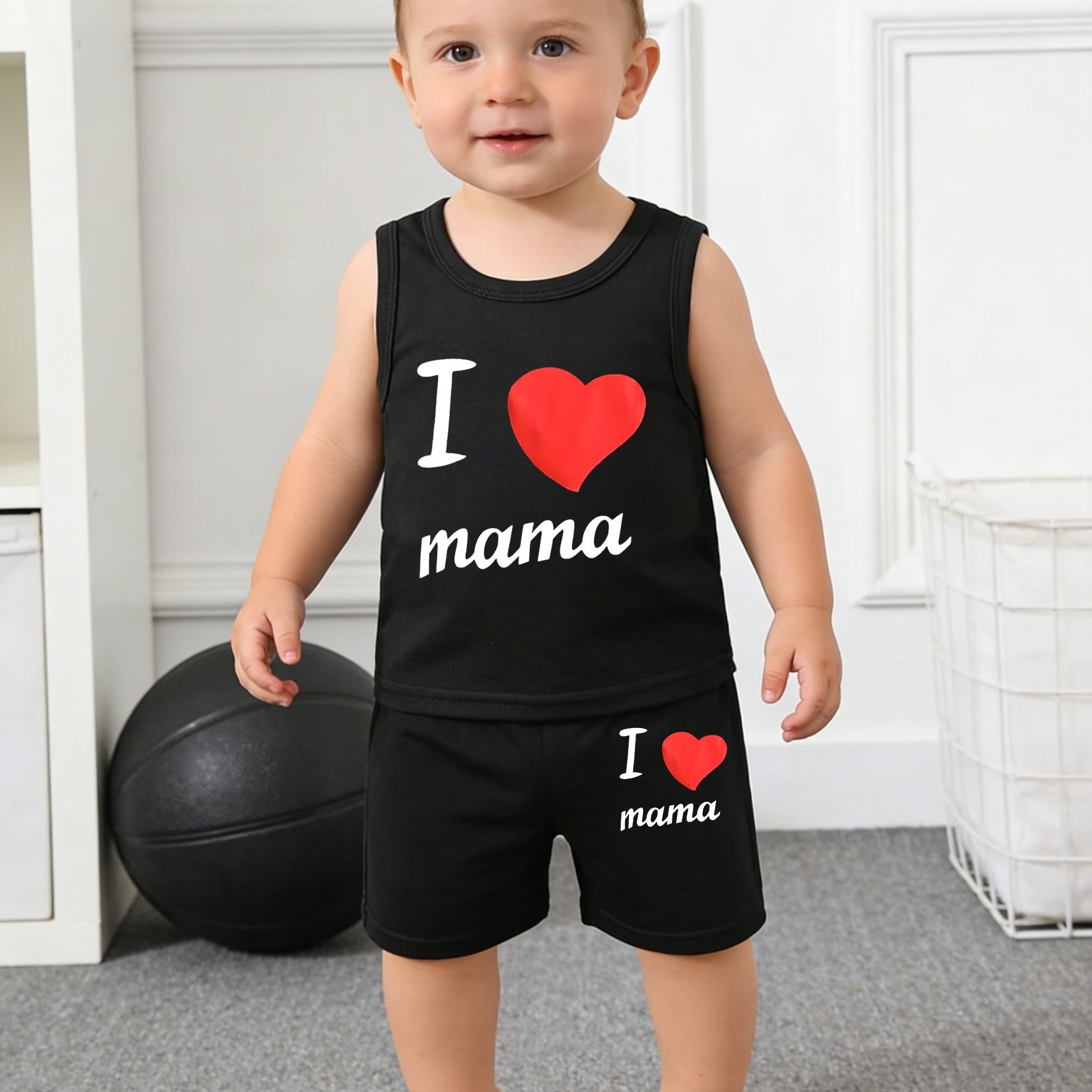 Image of Summer Newborn Baby Boy Alphabet Print Sleeveless Vest And Casual Shorts Set | Crew Neck, Stretch Fabric, Perfect For Valentine's Day, For Outdoor