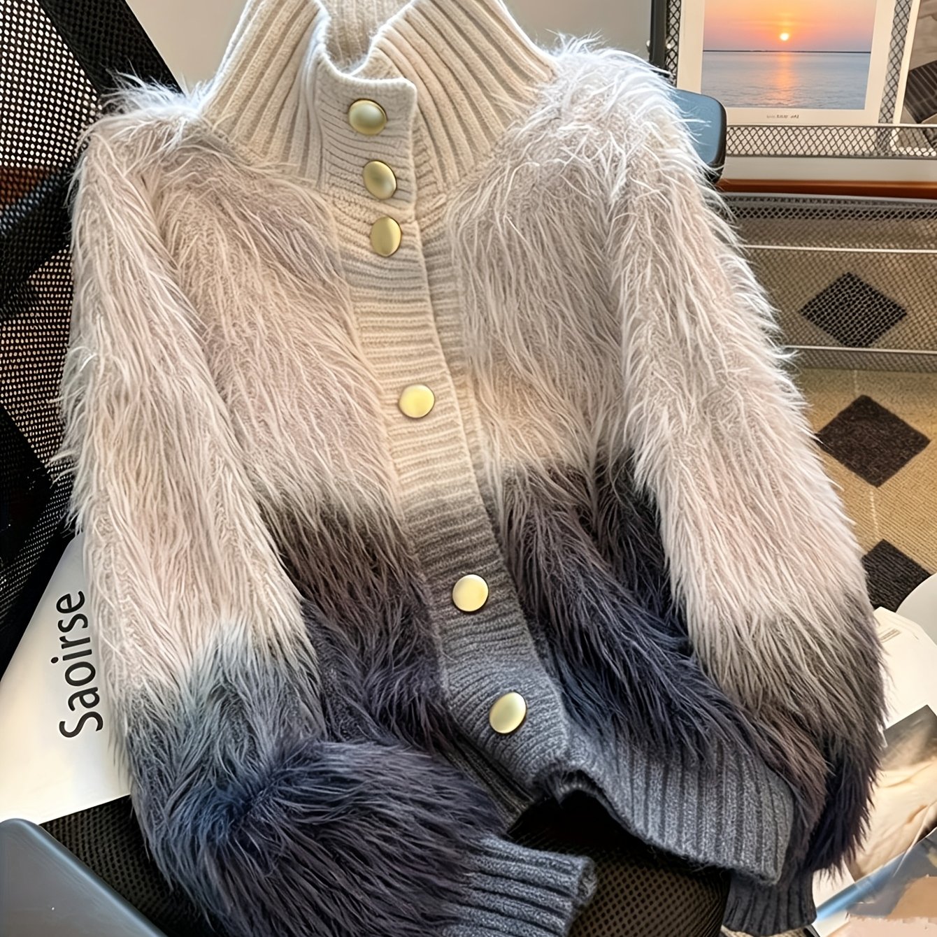 New European And American Autumn/ Elegant Color-block Stand Collar Tie-dye Button-up Cardigan Sweater Jacket