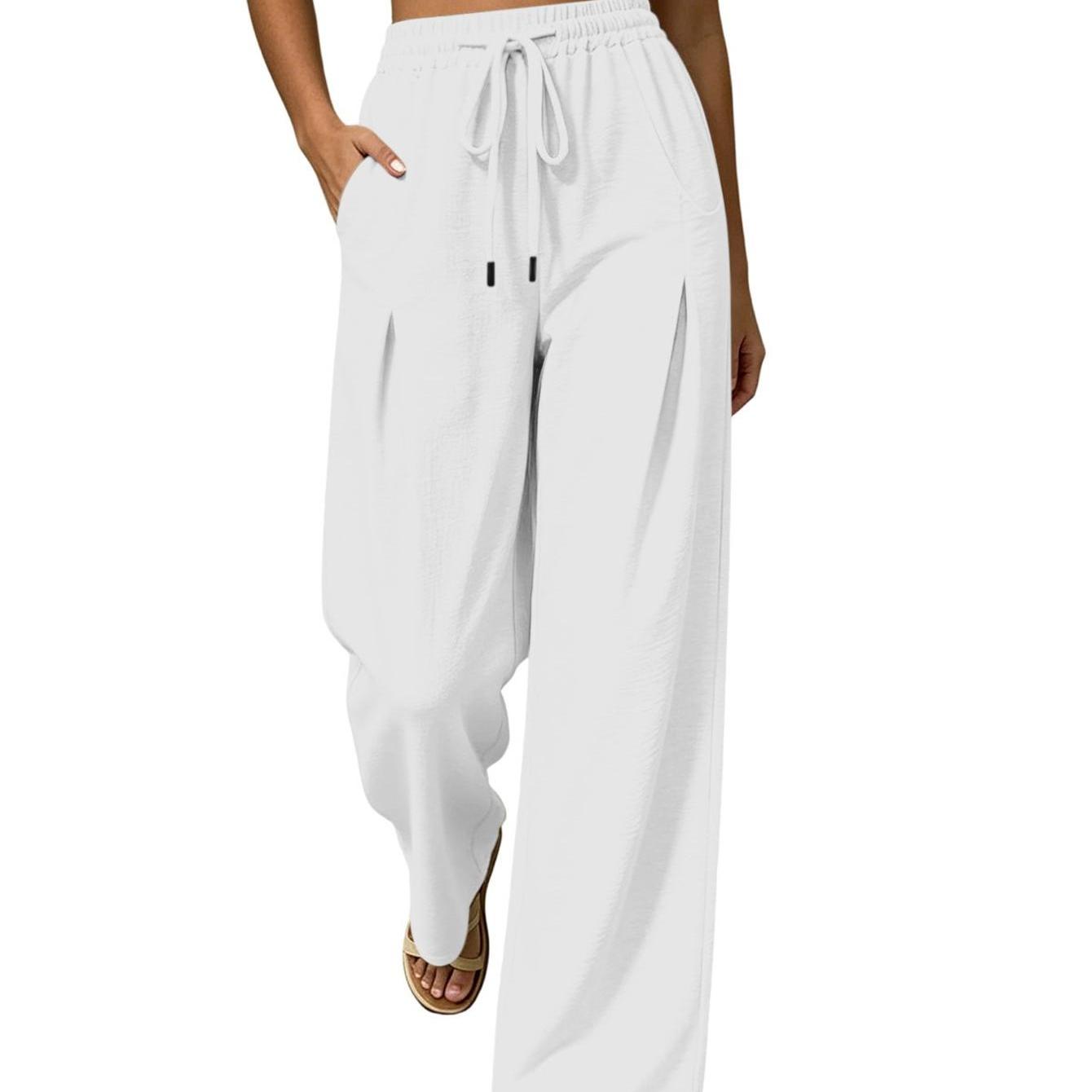 Image of Women's Elastic Waist Drawstring Wide Leg Pants With Pleated Detail And Side Pockets For Casual Beach Vacation Everyday Wear