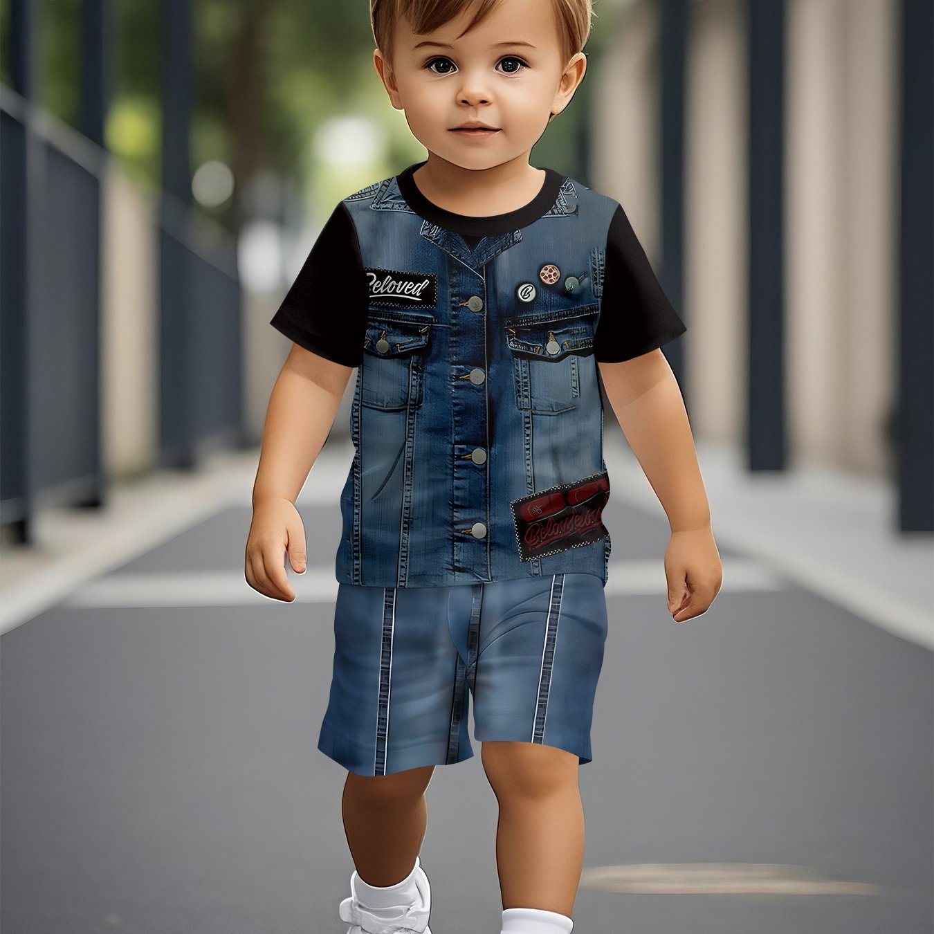 Image of Baby Stuff,printeddesign-nottextured 2dprinting Baby Boys Summer Hot Short Sleeve Set, Trendy Cartoon Denim Print, Soft Comfortable Outfit, Perfect For Outdoor,newborn/toddler Necessities,halloween