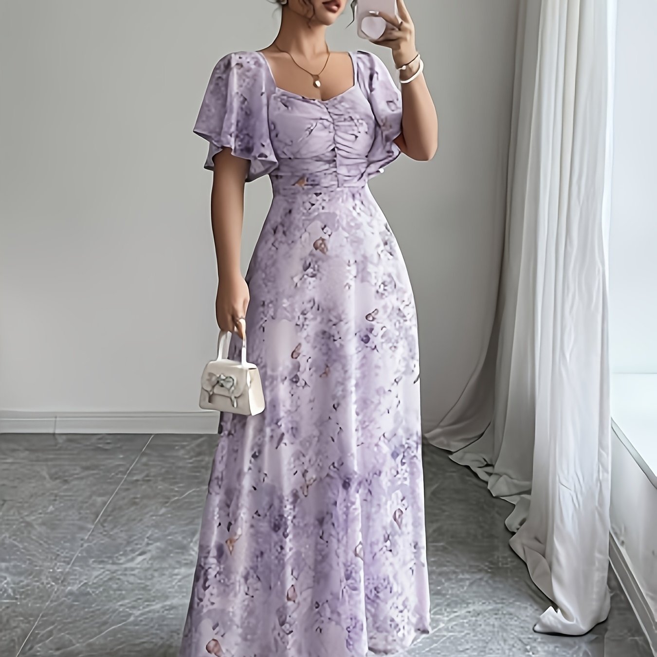 TEMU Elegant Everyday Casual Women's Chiffon Print Batwing Sleeve Drawstring Maxi Dress