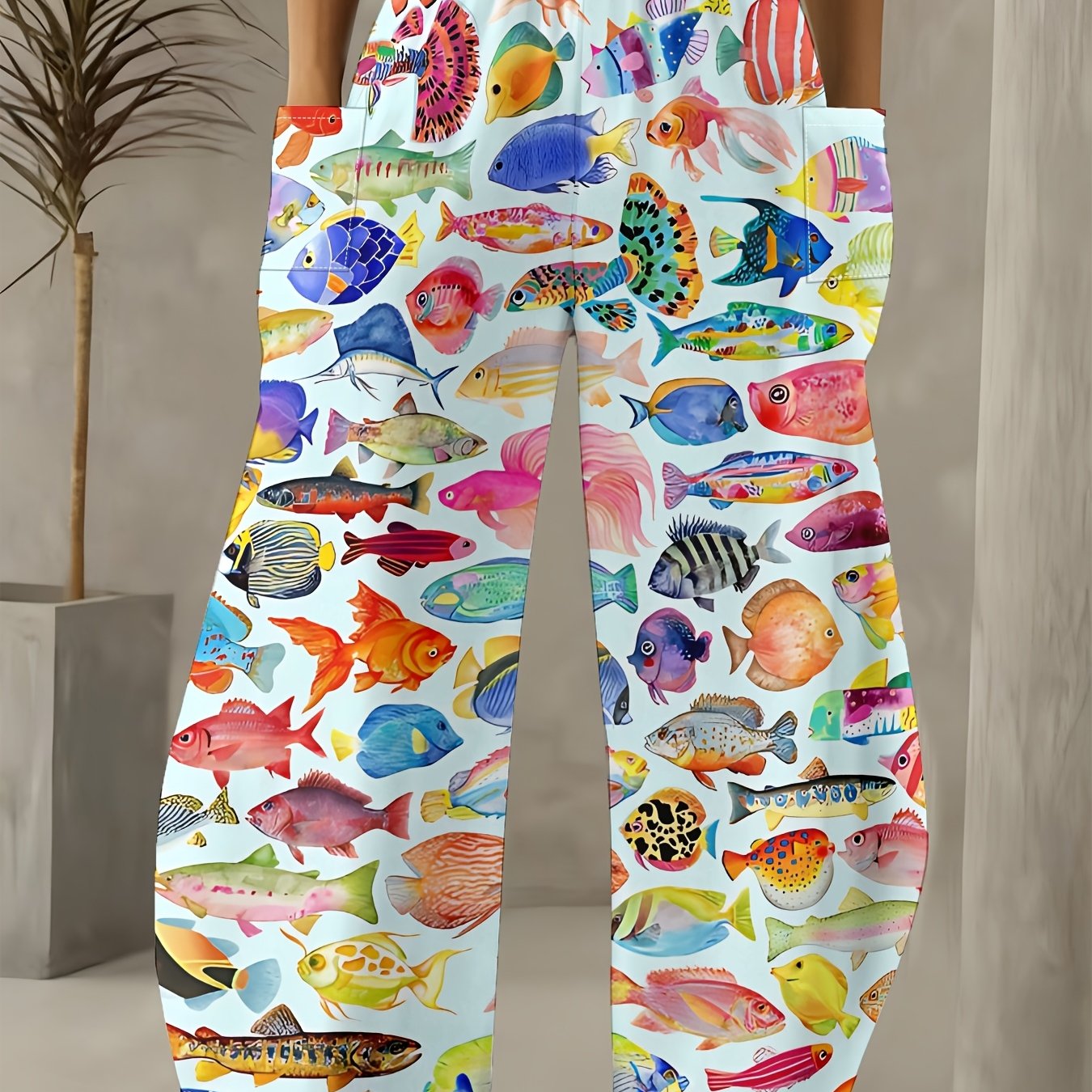 TEMU Fresh Ocean-style Wide-leg Pants For Women In Light Blue, Featuring A Colorful Print, Designed For A Relaxed Fit