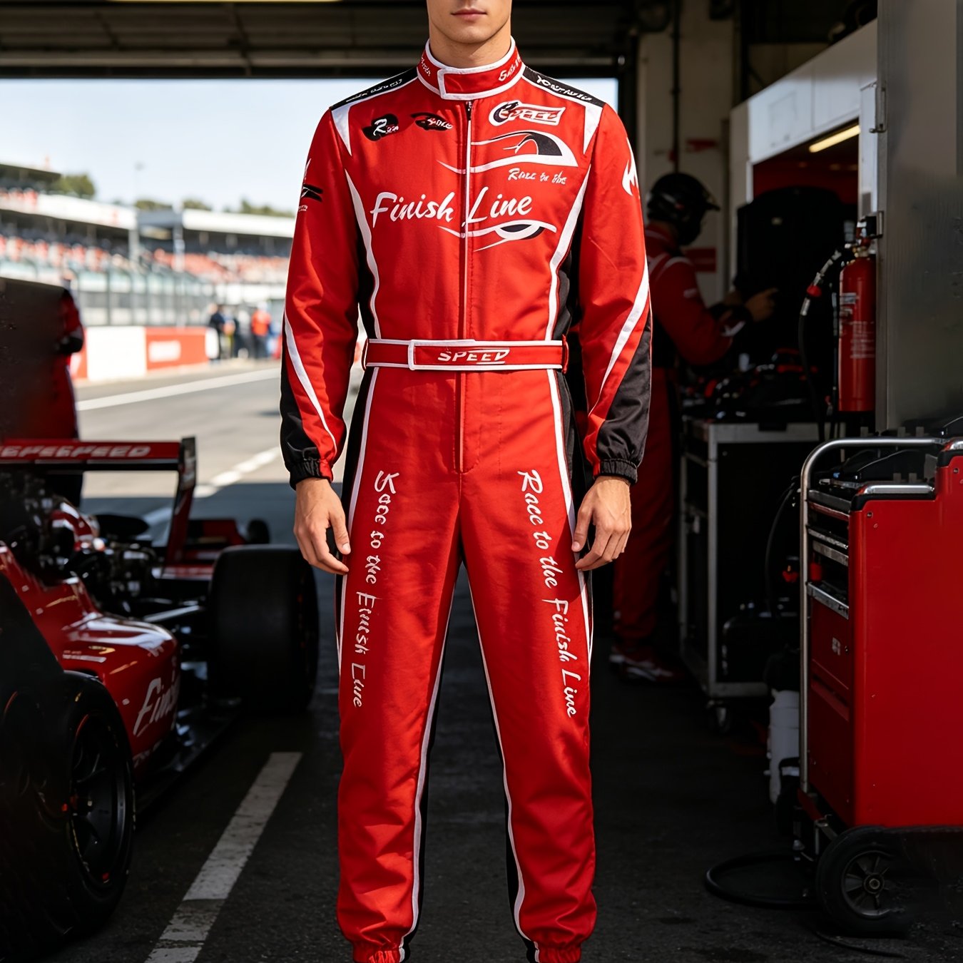TEMU Men's Racing Suit Set: Black, Red, And - 1pc Jumpsuit With Flame And Letter Print, Zipper Design-halloween Costume, Fun Casual Sportswear, Role