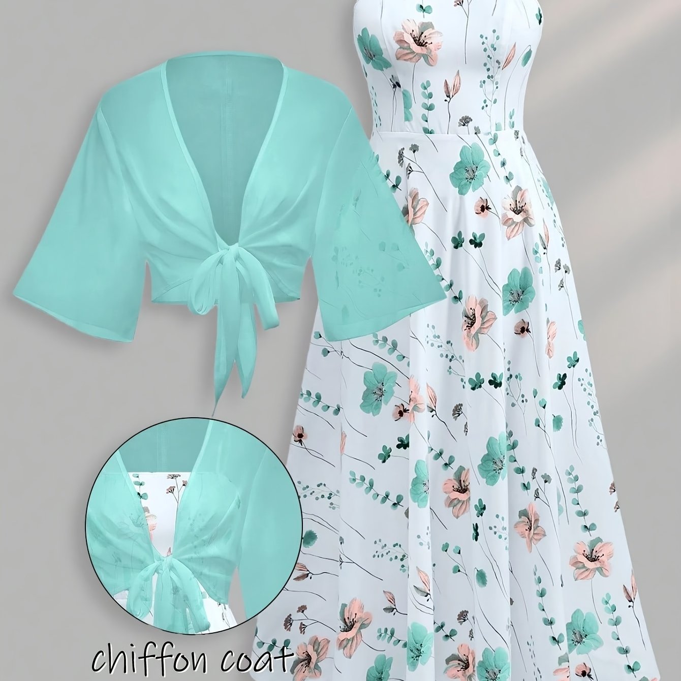 TEMU Plus Size, Plus Size Women's 2pcs Set, New Arrival: Stylish And Elegant Lightweight Short Sleeve Cardigan   Floral Print Cami Midi Dress,