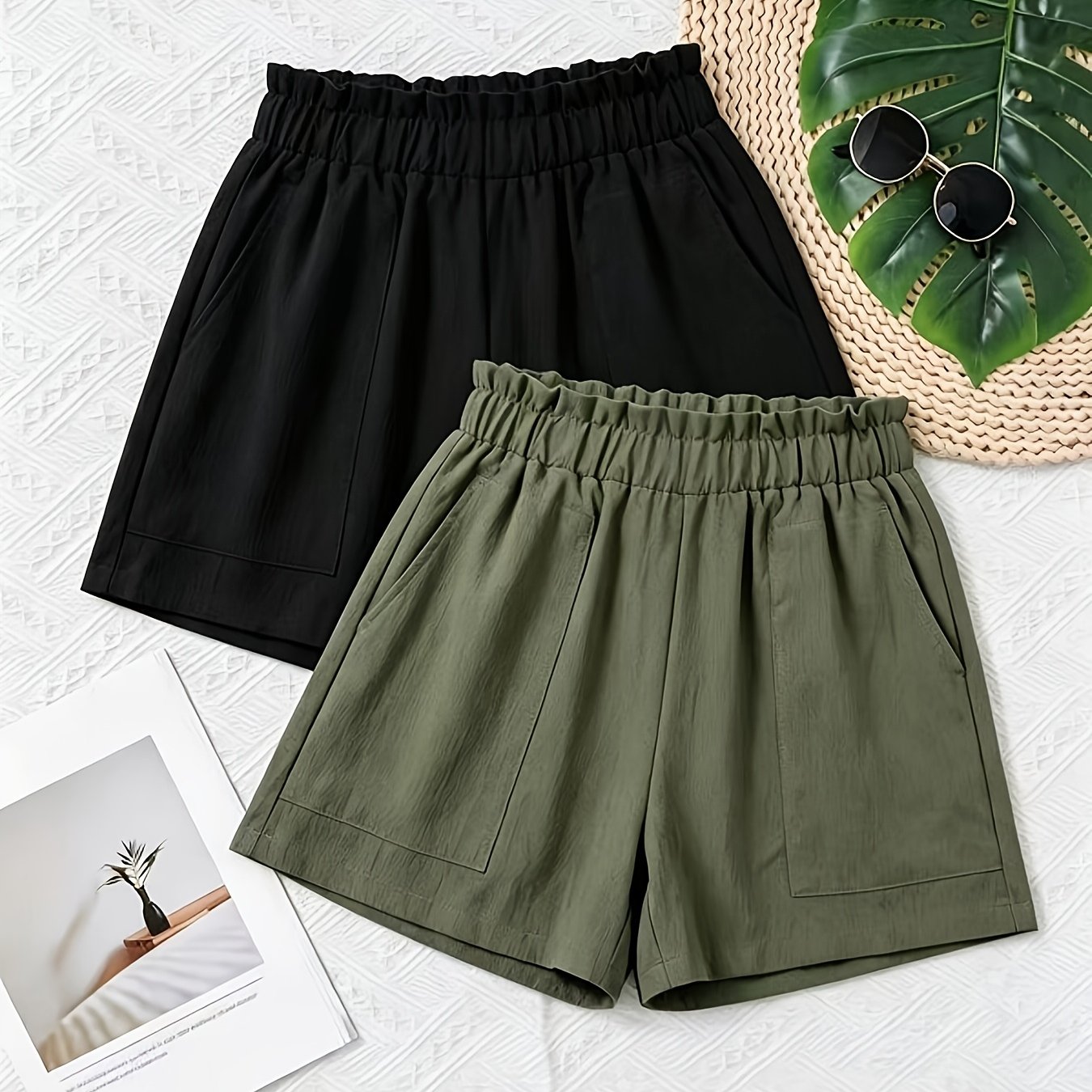 A Two-piece Set Of Women' Color Shorts With An Elastic Waistband And Double Pockets, Designed For Casual Wear