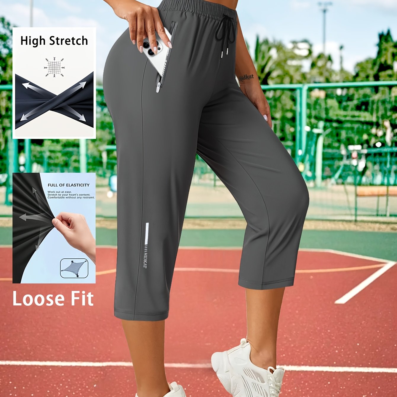 E-shop Lockere Dreiviertelhose für Damen mit Kordelzug und Reißverschlusstasche - Hergestellt aus atmungsaktivem Eisfaserstoff, bietet hohe Elastizität