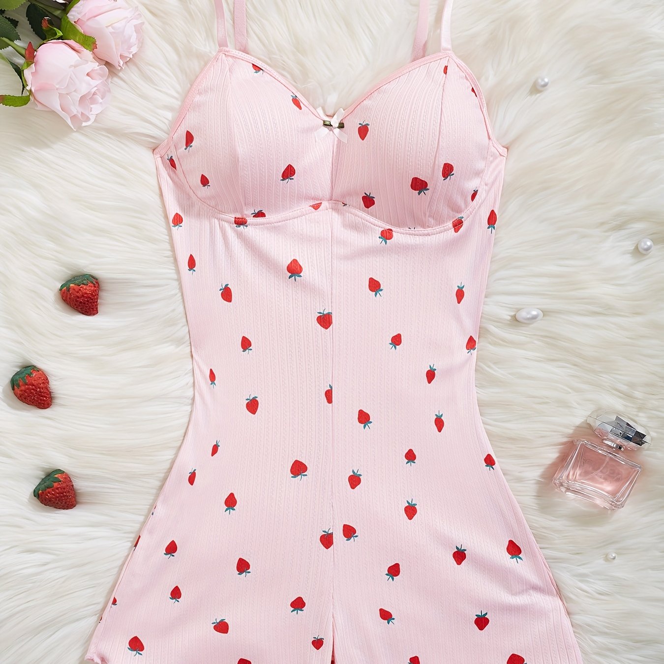 New European And Sweetheart Pajamas With Cute Strawberry Print, , Sweetheart Camisole 1pc Comfortable Loungewear Pajamas