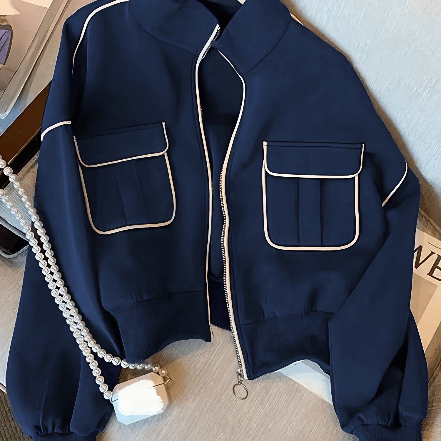 TEMU Women's Lapel Double Pocket Jacket, Zipper Design, Casual Outing Versatile