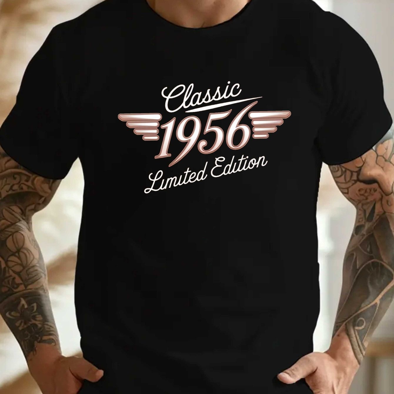 TEMU [printed Design - Not Textured] Classic 1956 Edition Pleated Men's T-shirt, Plus Size, Extended Sizes, Plus Size