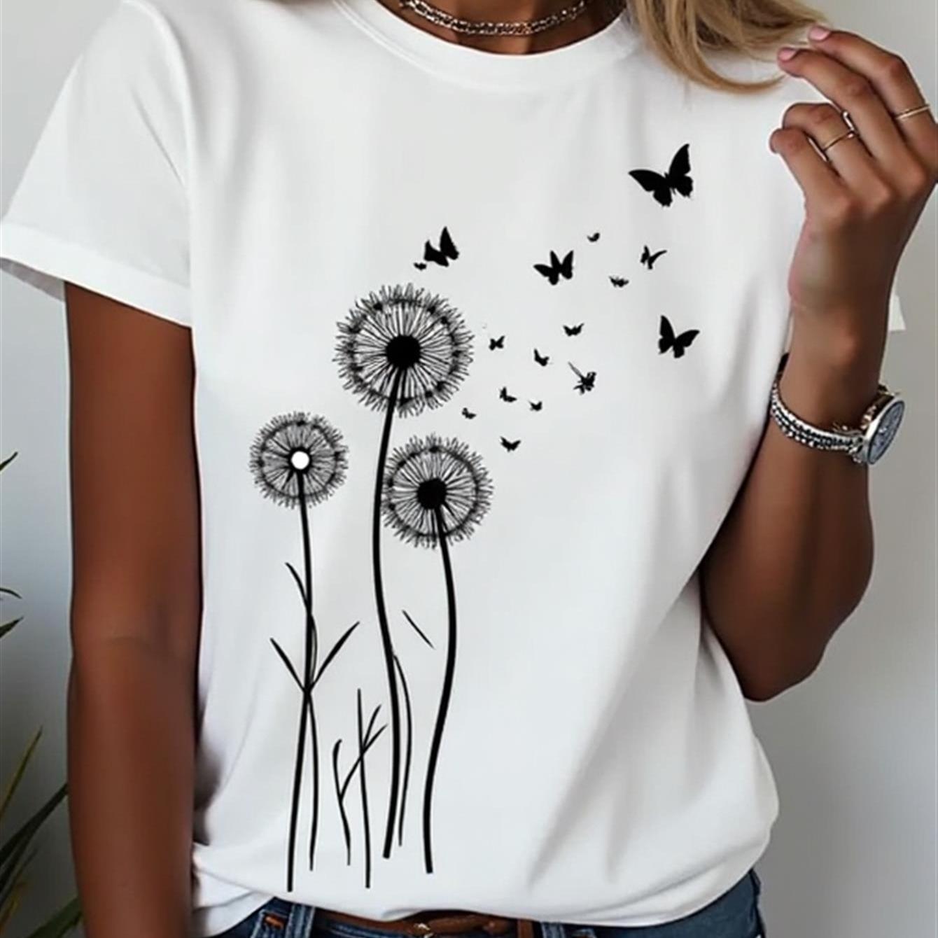 Image of A T-shirt Designed With Dandelion And Theme Women's T-shirt High Quality Pure T-shirt Casual Summer Daily Wear Gift For