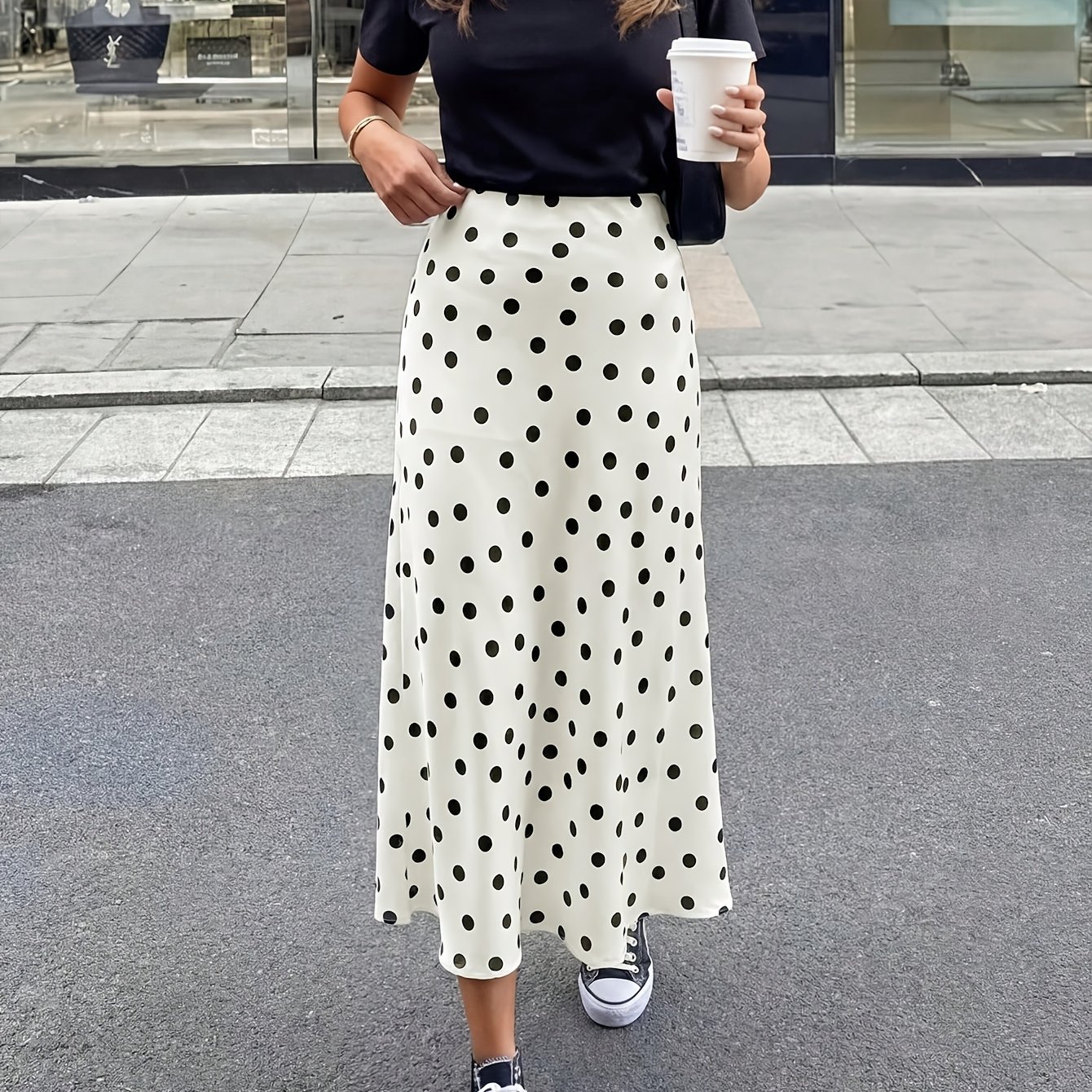 TEMU Women's Spring/summer Polka Dot Stretch Waistband Elegant Casual A-line Skirt