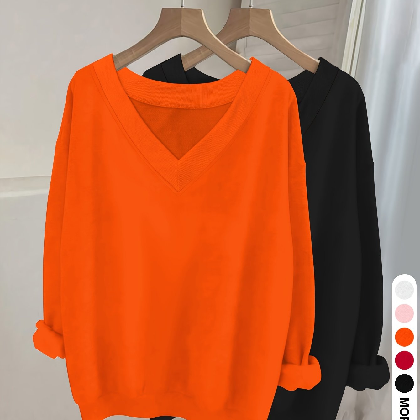 TEMU 1021gwen, 2pcs Casual V-neck Long Sleeve Sweatshirt Set, Solid Color , Multiple Colors , Women's Wear
