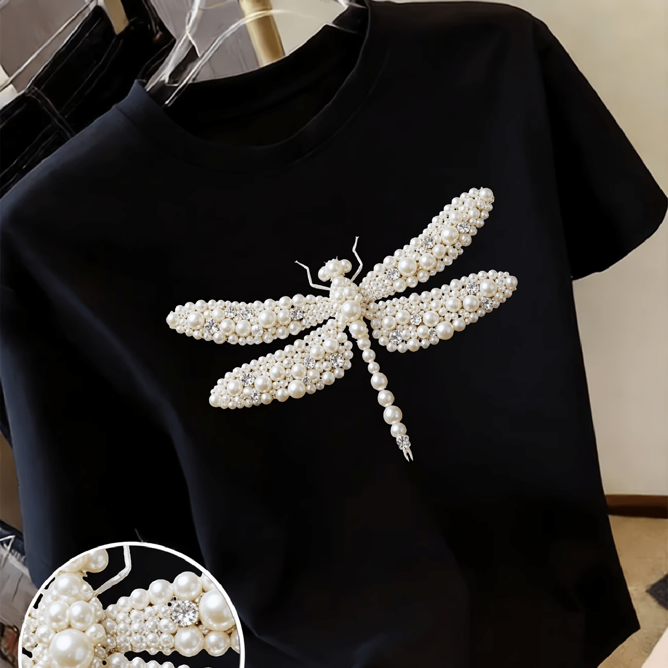 TEMU Rhinestone Dragonfly Print Short Sleeve T-shirt, Casual Short Sleeve - Fabric, Perfect For Summer Comfortable Women's Fashion - Soft And