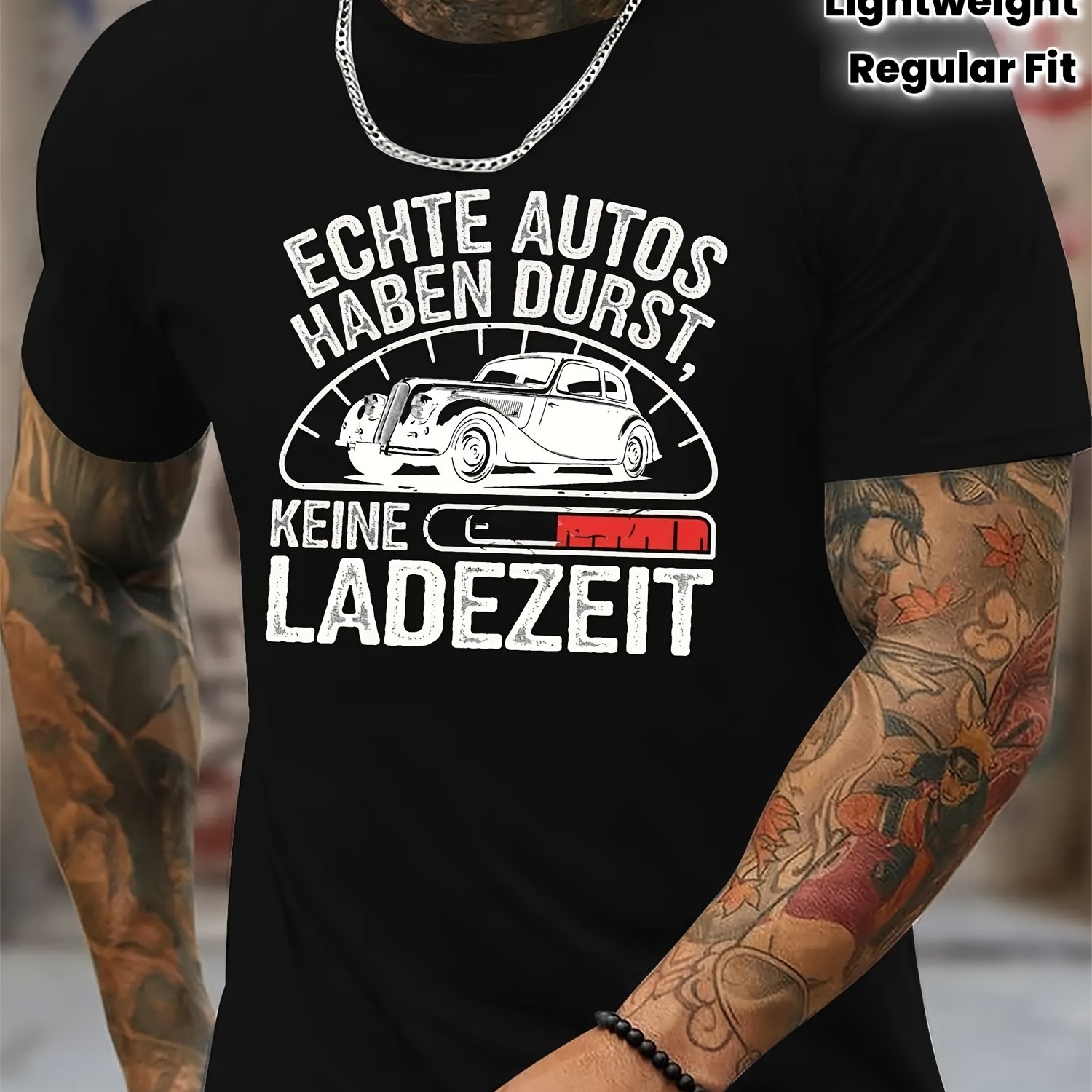 Image of Men's Vintage Automotive T-shirt With German Car Slogan - Lightweight Breathable Retro Car & "real Cars Have Thirst" Print - Funny Casual Tee For - Regular Fit Summer Shirt, Plus Size