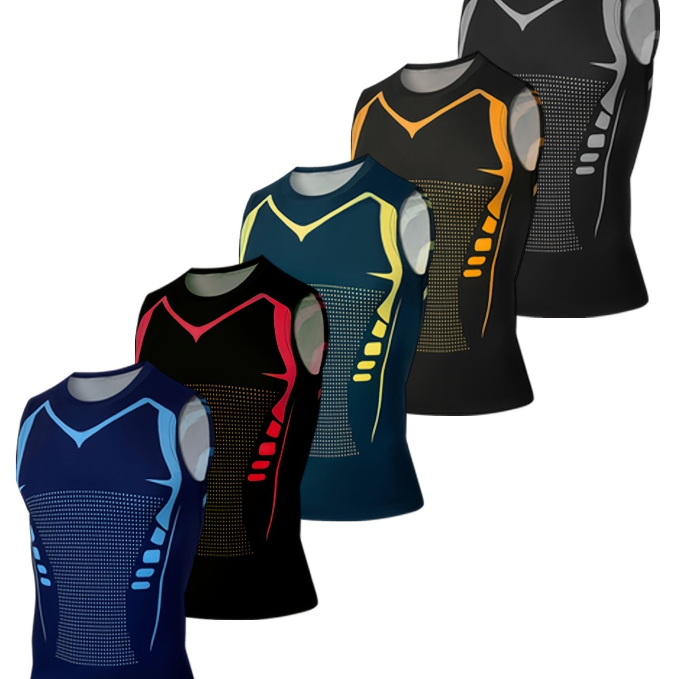 TEMU Men's 5pcs Printed Compression Quick- Tank Top, Breathable And Sweat-wicking Sleeveless T-shirt For Fitness, Running, Outdoor Exercise