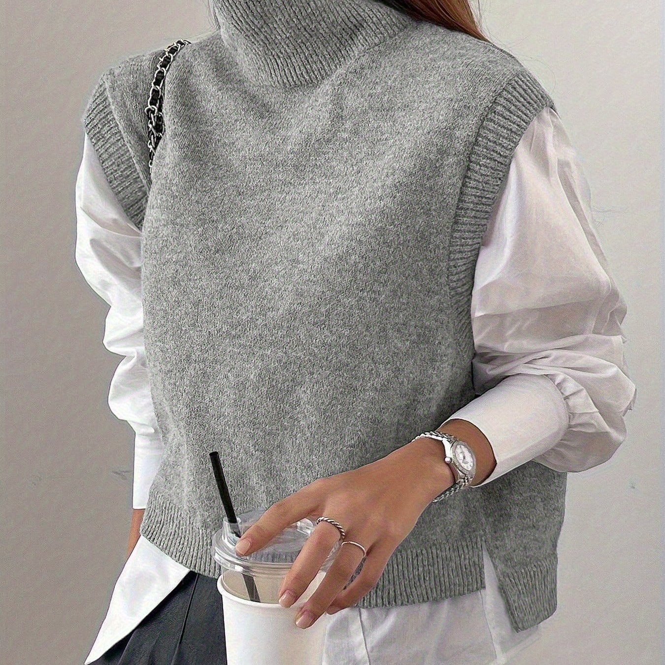 Women's Trendy Solid Color Versatile High Neck Pullover Vest Asymmetrical Hem Top Outerwear