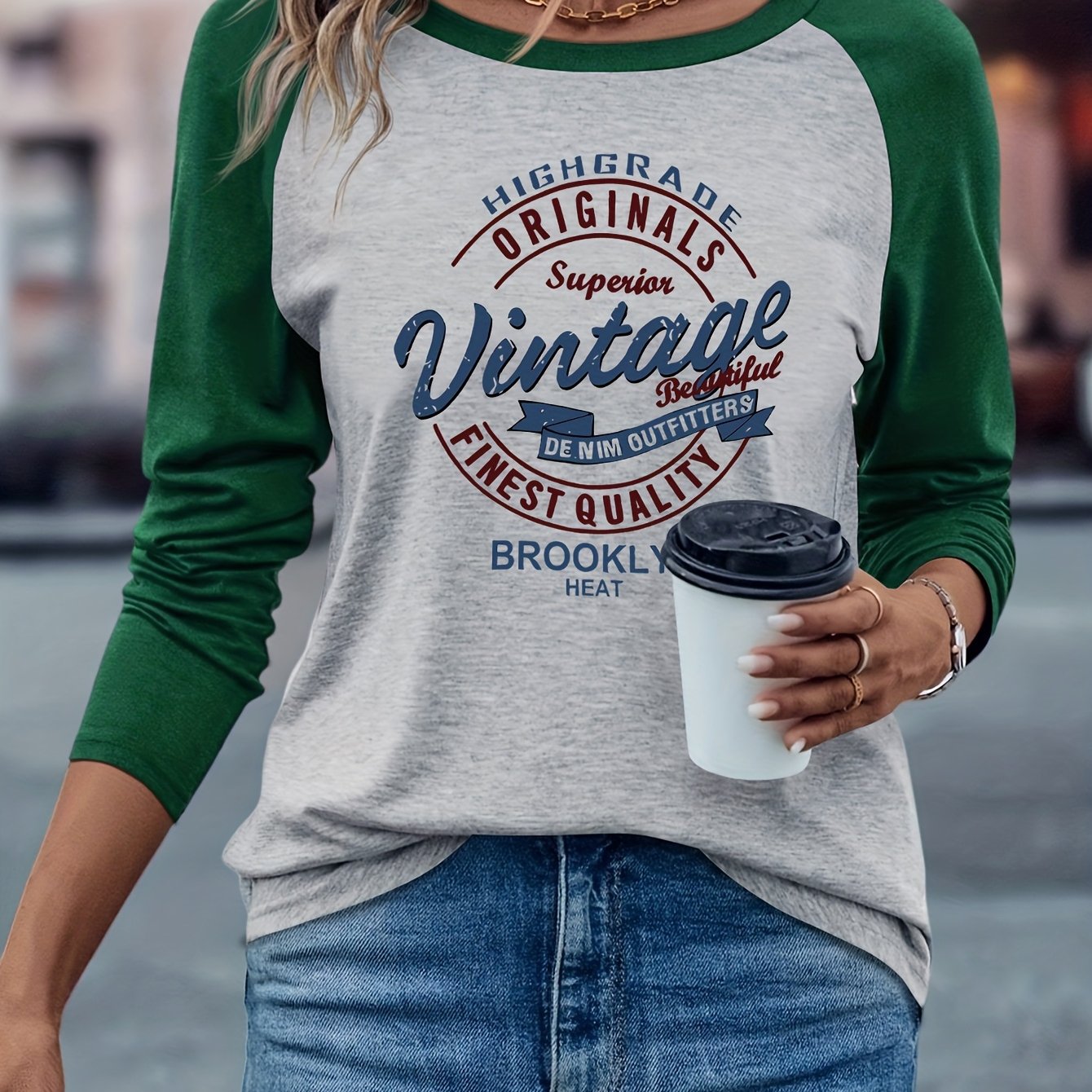TEMU T-shirt da donna Brooklyn con design a vintage, stile e americano, versatile, , casual, a , a maniche lunghe raglan, a blocchi di , i