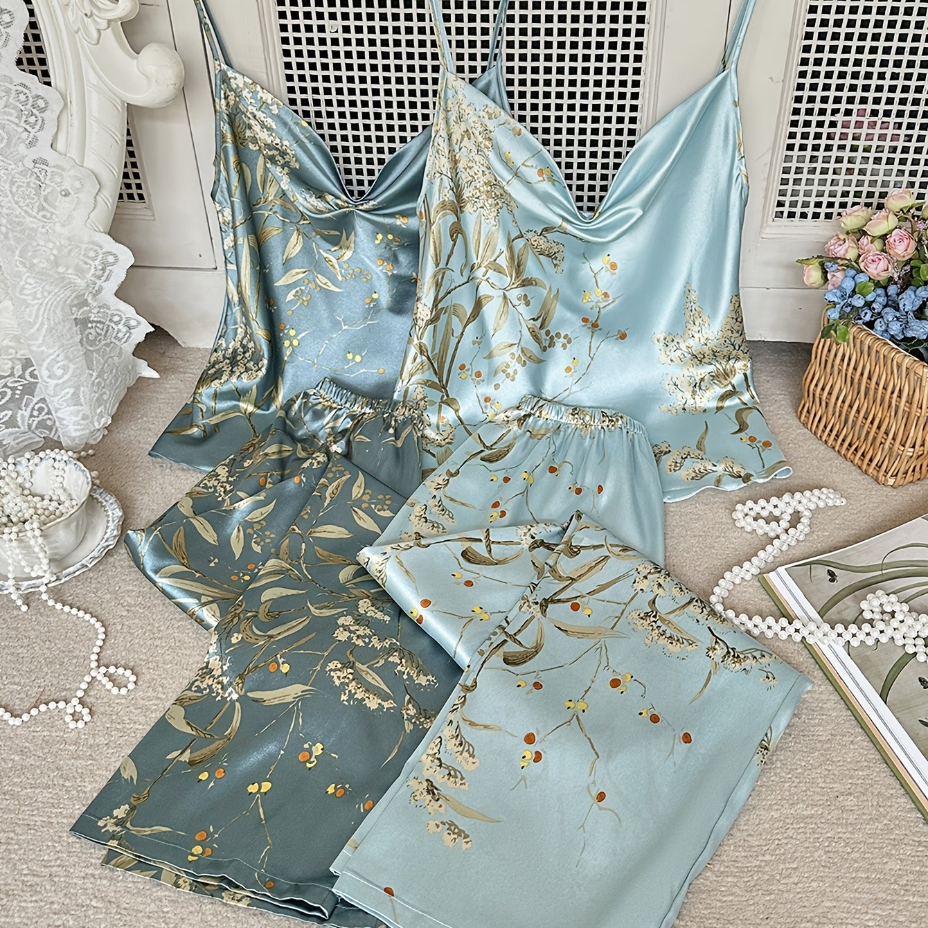 TEMU Ensemble pyjama 4 pièces pour femme toutes saisons, mode, col ample, imprimé végétal petites cerises, débardeur et pantalon long, tenue de